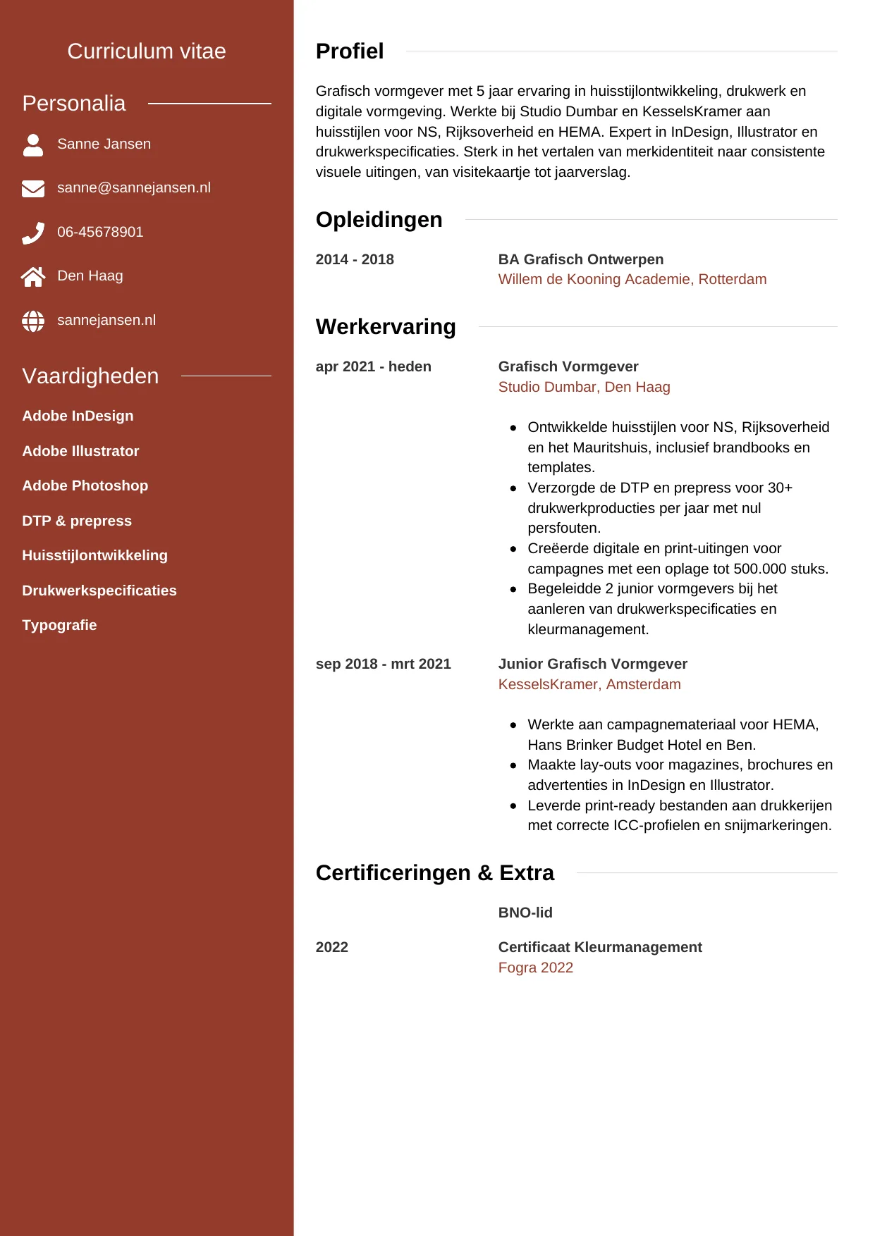 Voorbeeld CV voor grafisch vormgever in template Modern. CV Modern voor grafisch vormgever