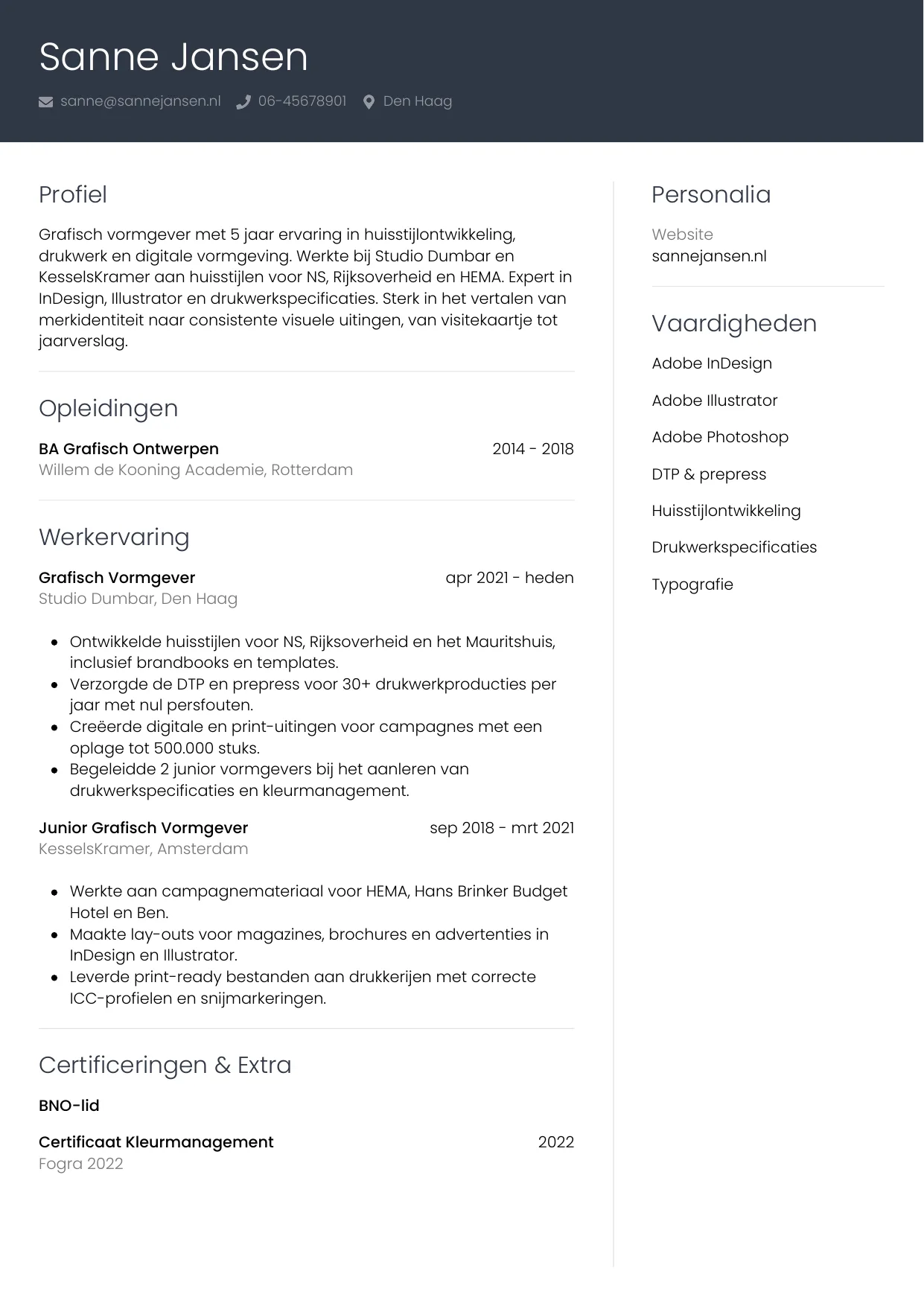 Voorbeeld CV voor grafisch vormgever in template Professioneel. CV Professioneel voor grafisch vormgever