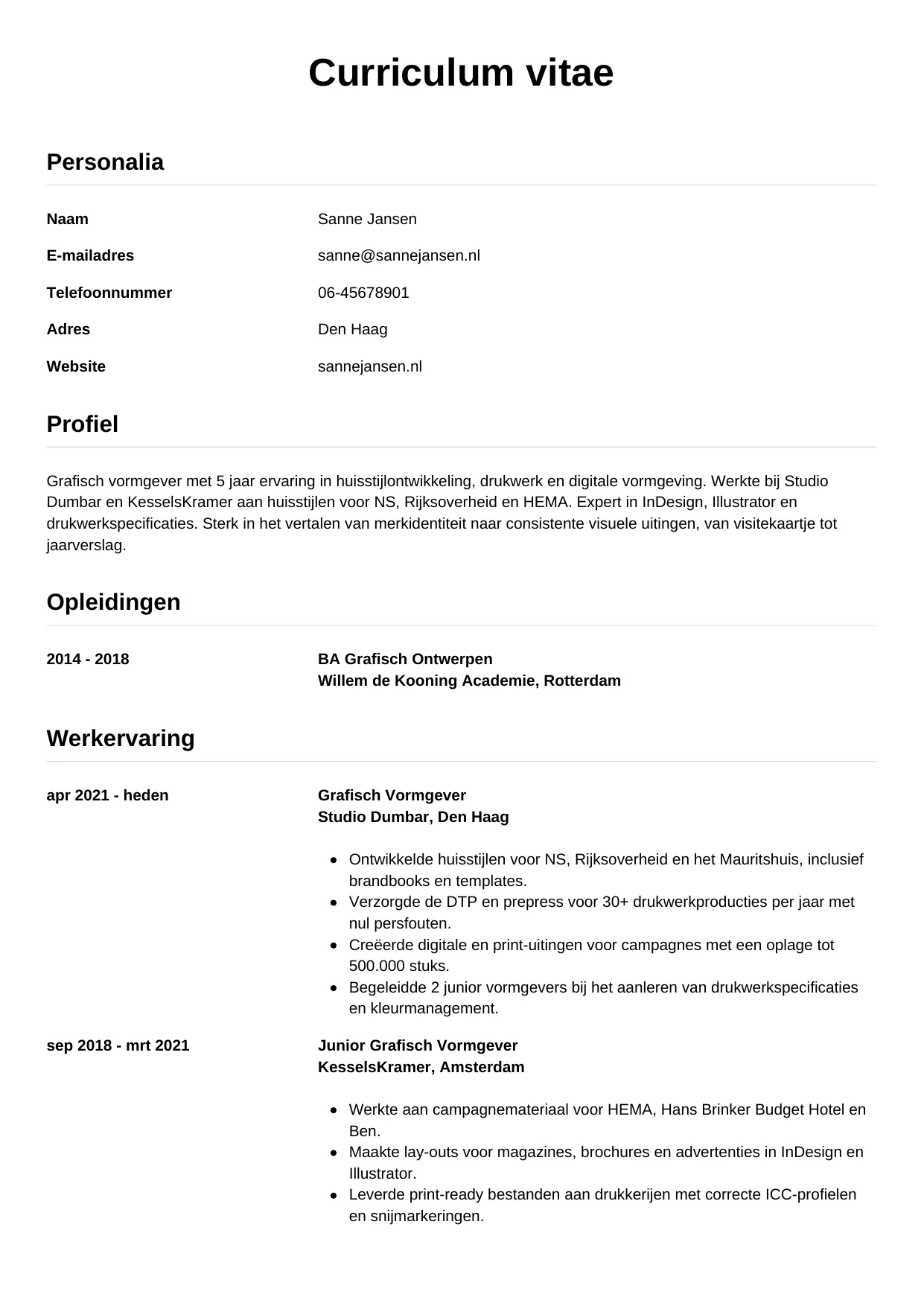 Voorbeeld CV voor grafisch vormgever in template Simpel. CV Simpel voor grafisch vormgever