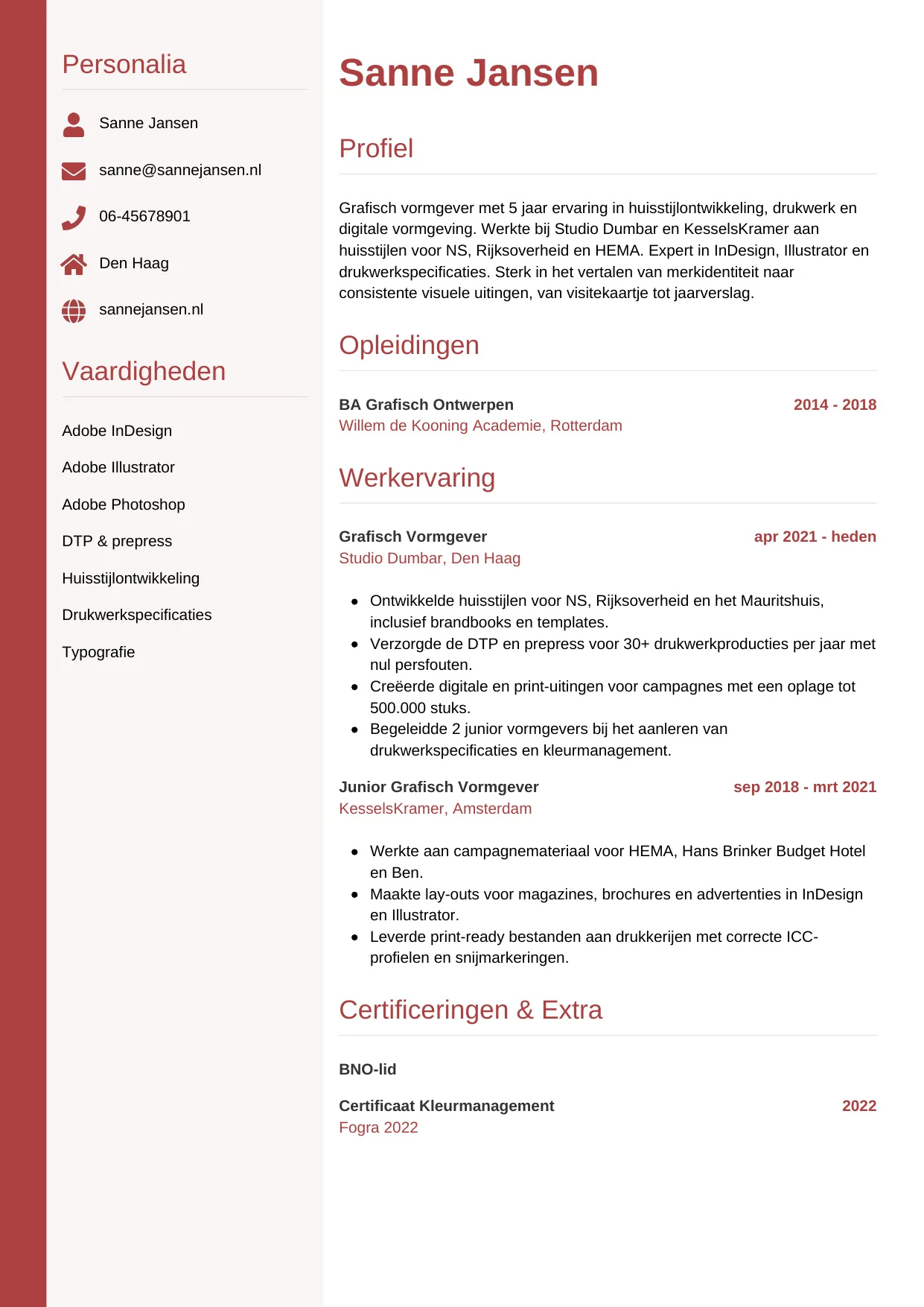 Voorbeeld CV voor grafisch vormgever in template Verticaal. CV Verticaal voor grafisch vormgever