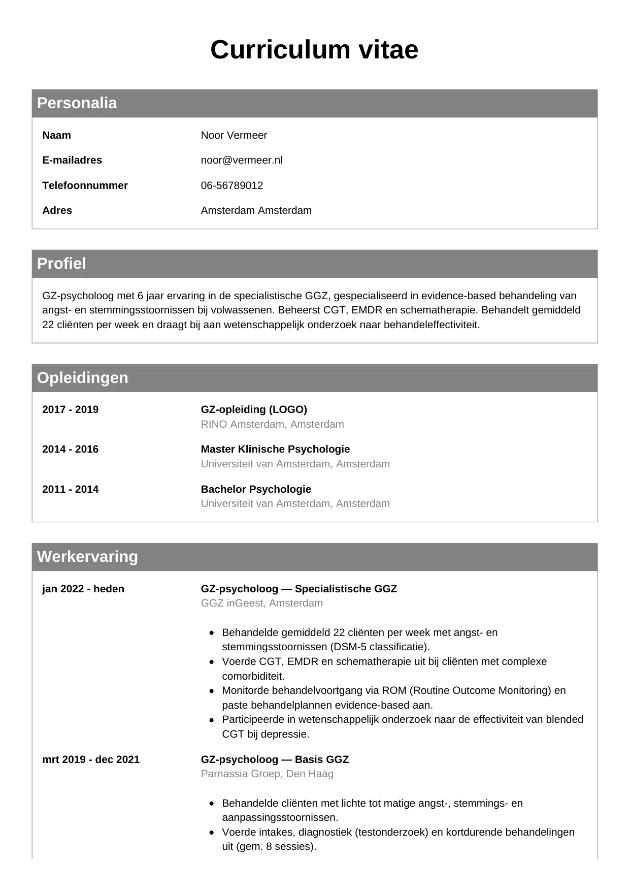 CV Klassiek voor gz-psycholoog
