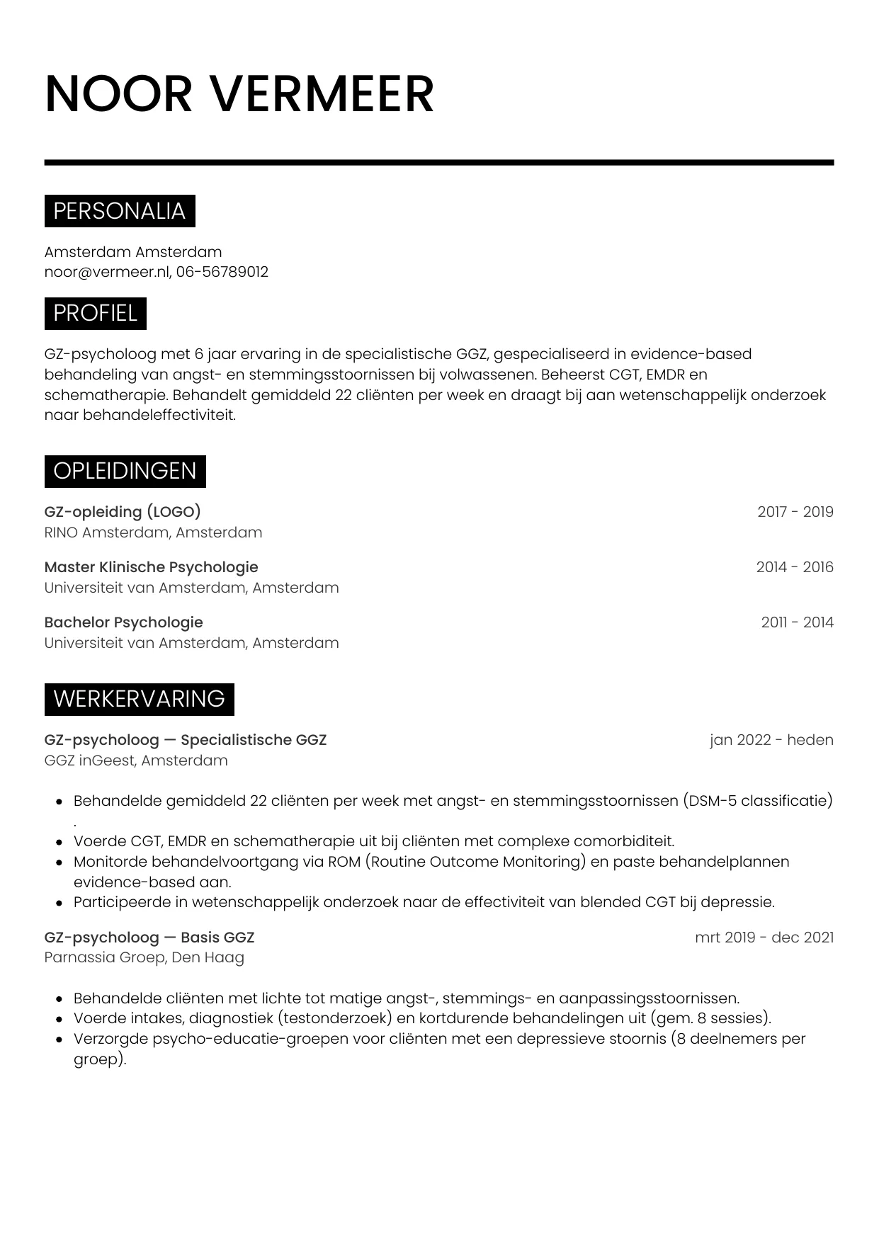 CV Metro voor gz-psycholoog