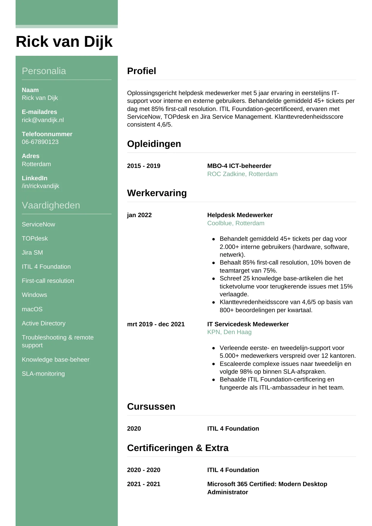 Voorbeeld CV voor helpdesk medewerker in template Casual. CV Casual voor helpdesk medewerker