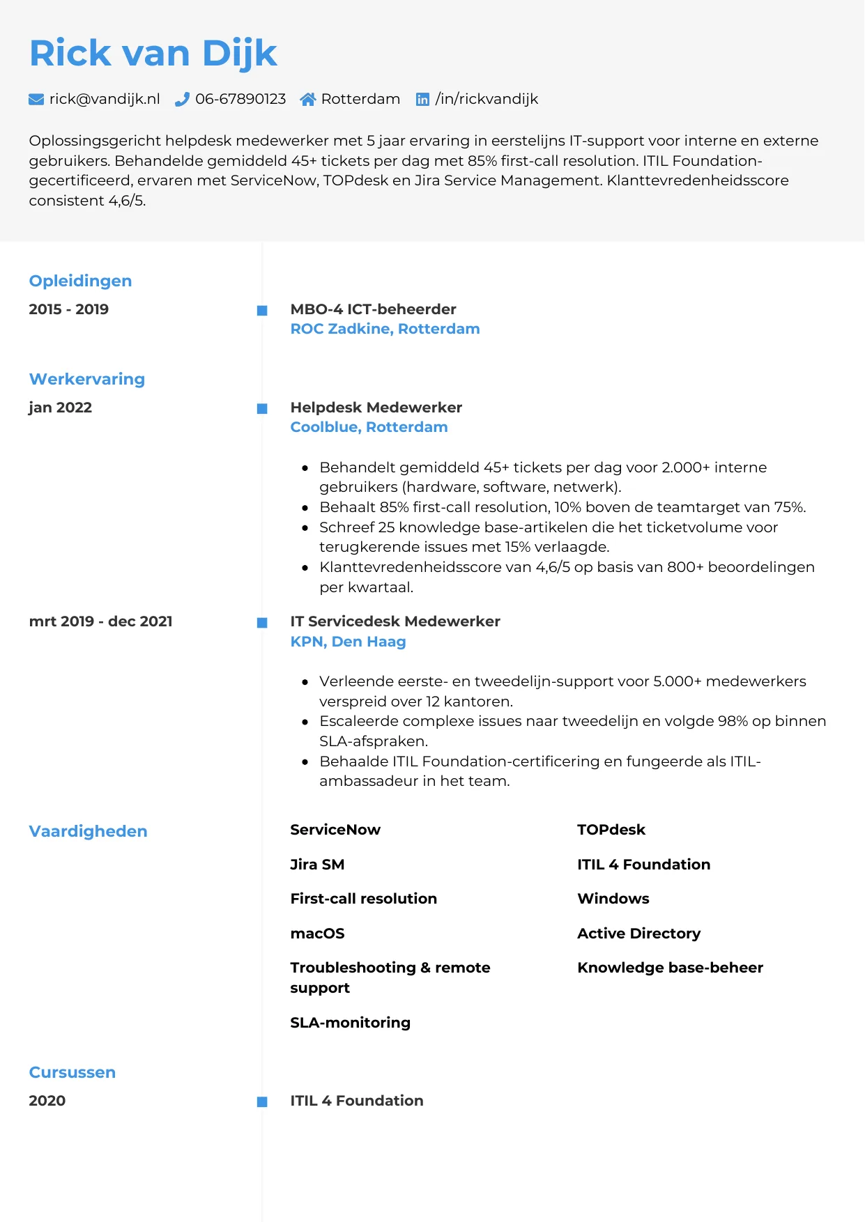Voorbeeld CV voor helpdesk medewerker in template Chrono. CV Chrono voor helpdesk medewerker