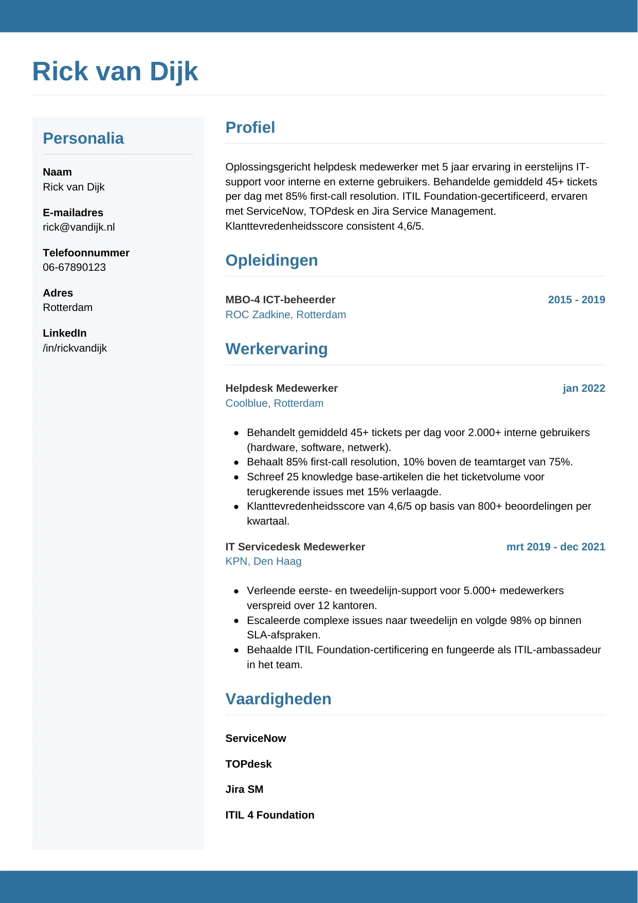 Voorbeeld CV voor helpdesk medewerker in template Horizontaal. CV Horizontaal voor helpdesk medewerker