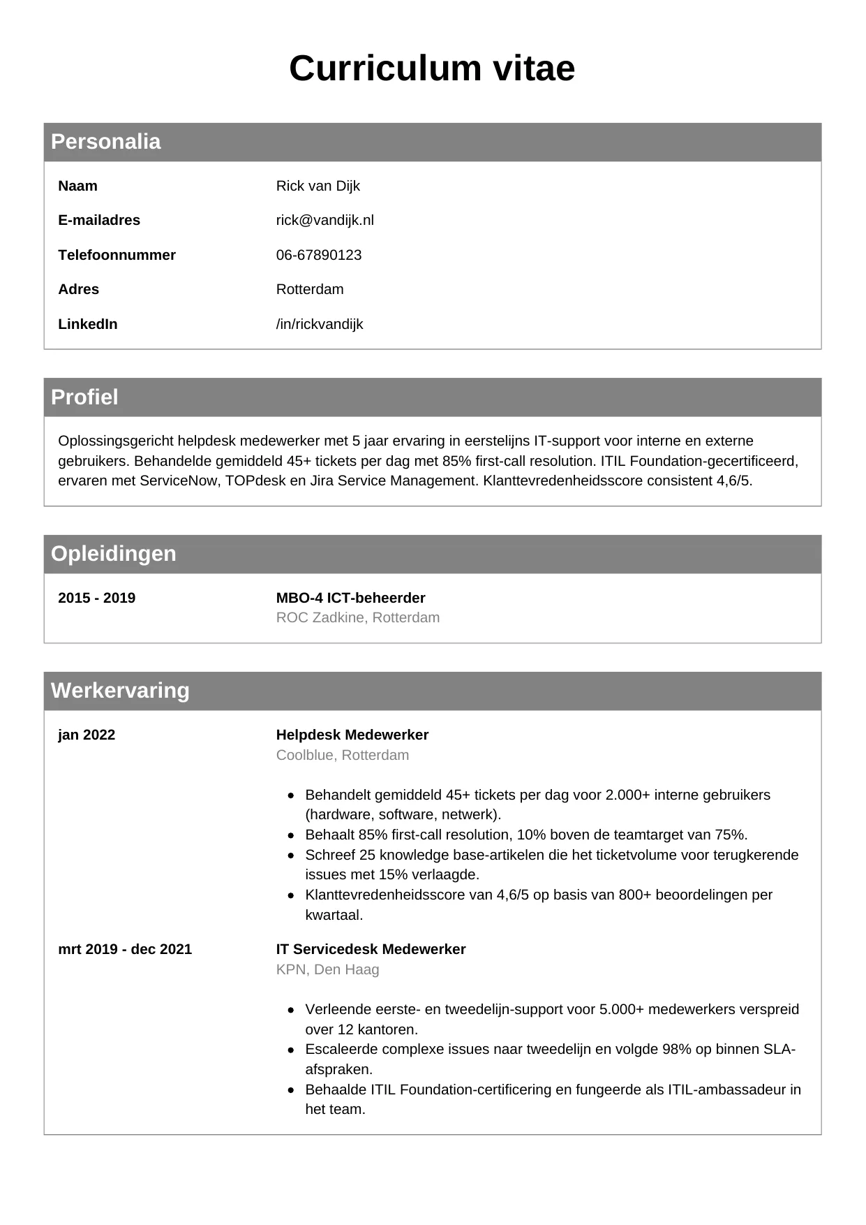 Voorbeeld CV voor helpdesk medewerker in template Klassiek. CV Klassiek voor helpdesk medewerker