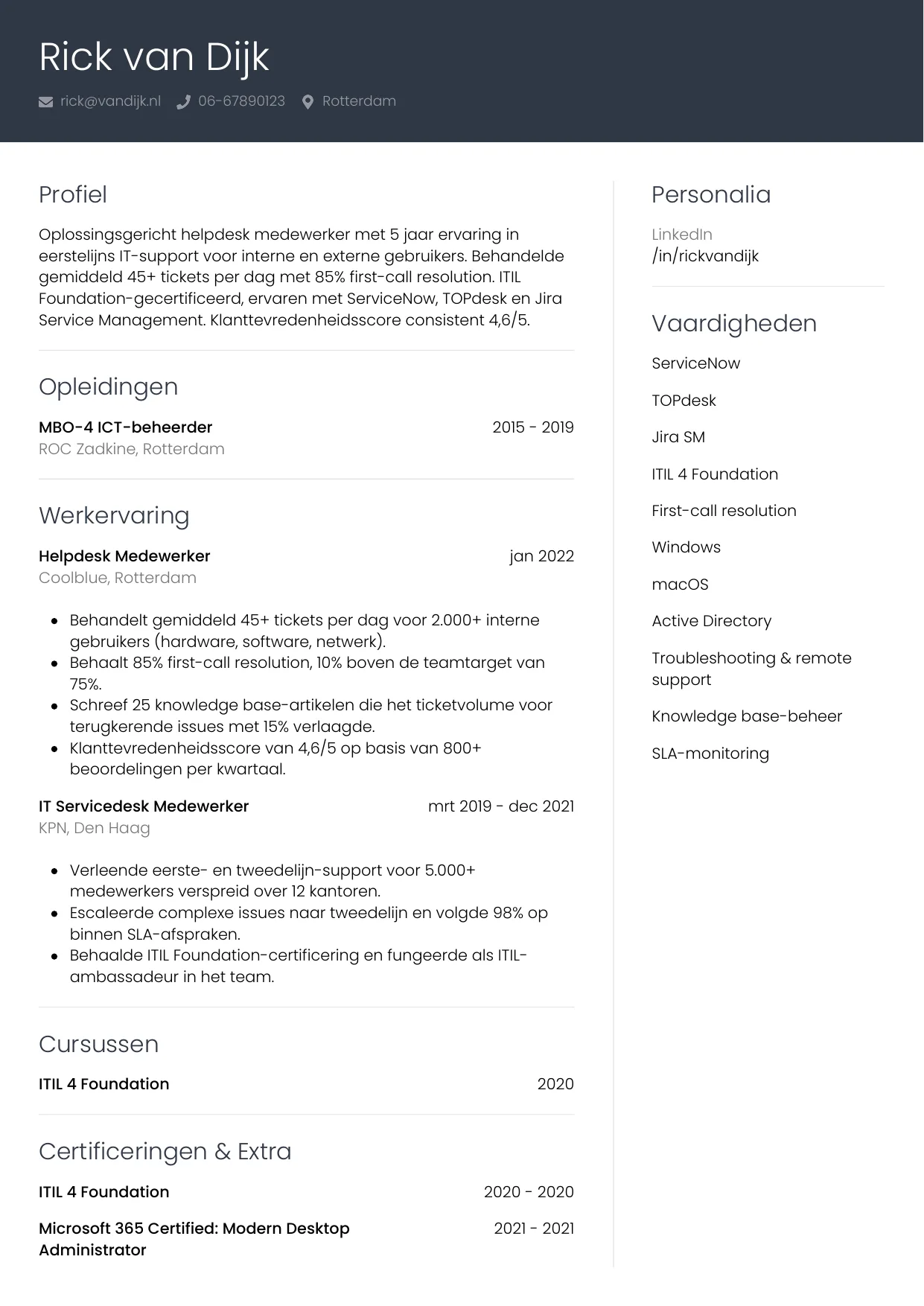 Voorbeeld CV voor helpdesk medewerker in template Professioneel. CV Professioneel voor helpdesk medewerker