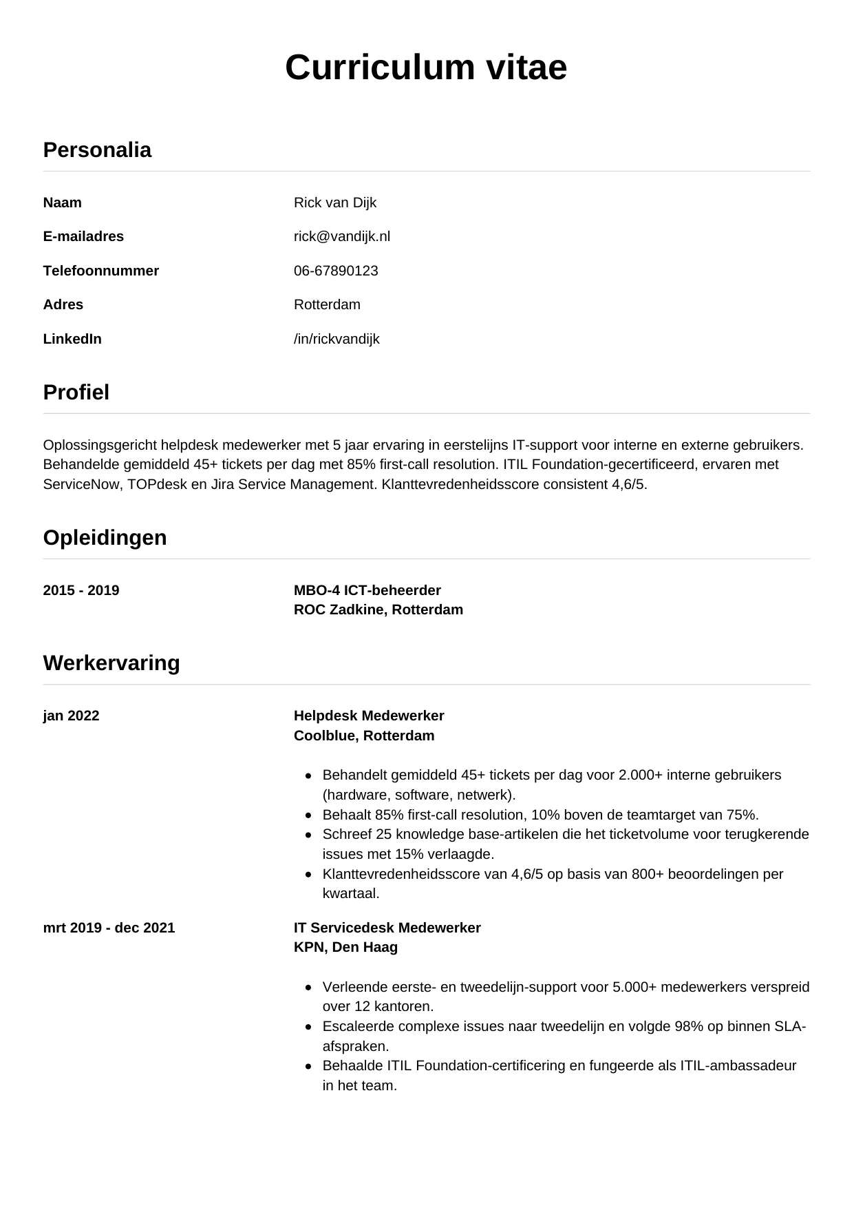 Voorbeeld CV voor helpdesk medewerker in template Simpel. CV Simpel voor helpdesk medewerker