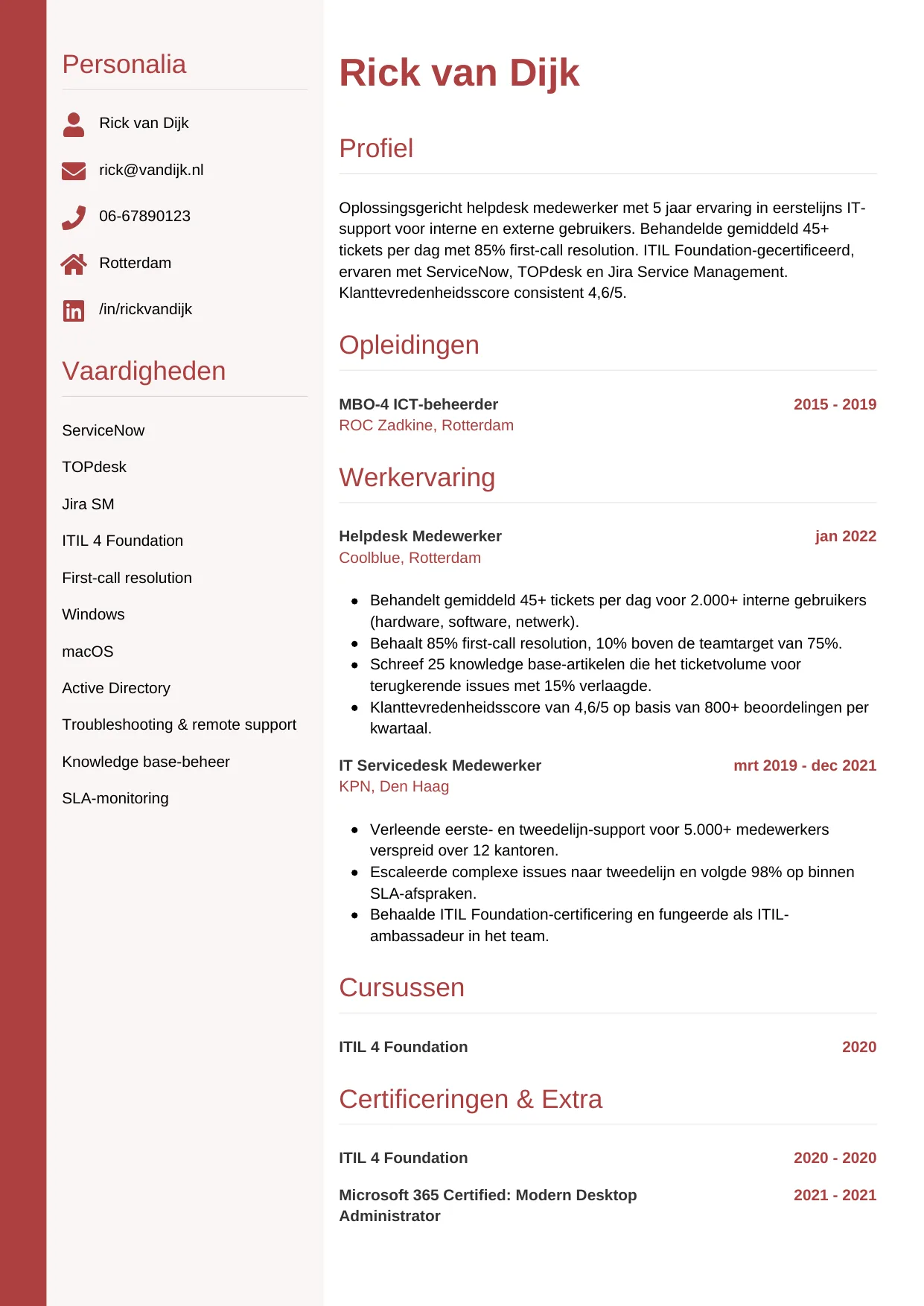 Voorbeeld CV voor helpdesk medewerker in template Verticaal. CV Verticaal voor helpdesk medewerker