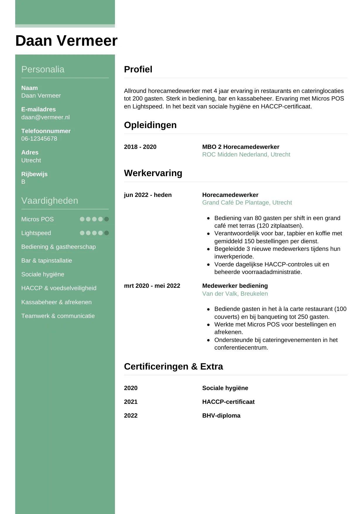Voorbeeld CV voor horecamedewerker in template Casual. CV Casual voor horecamedewerker