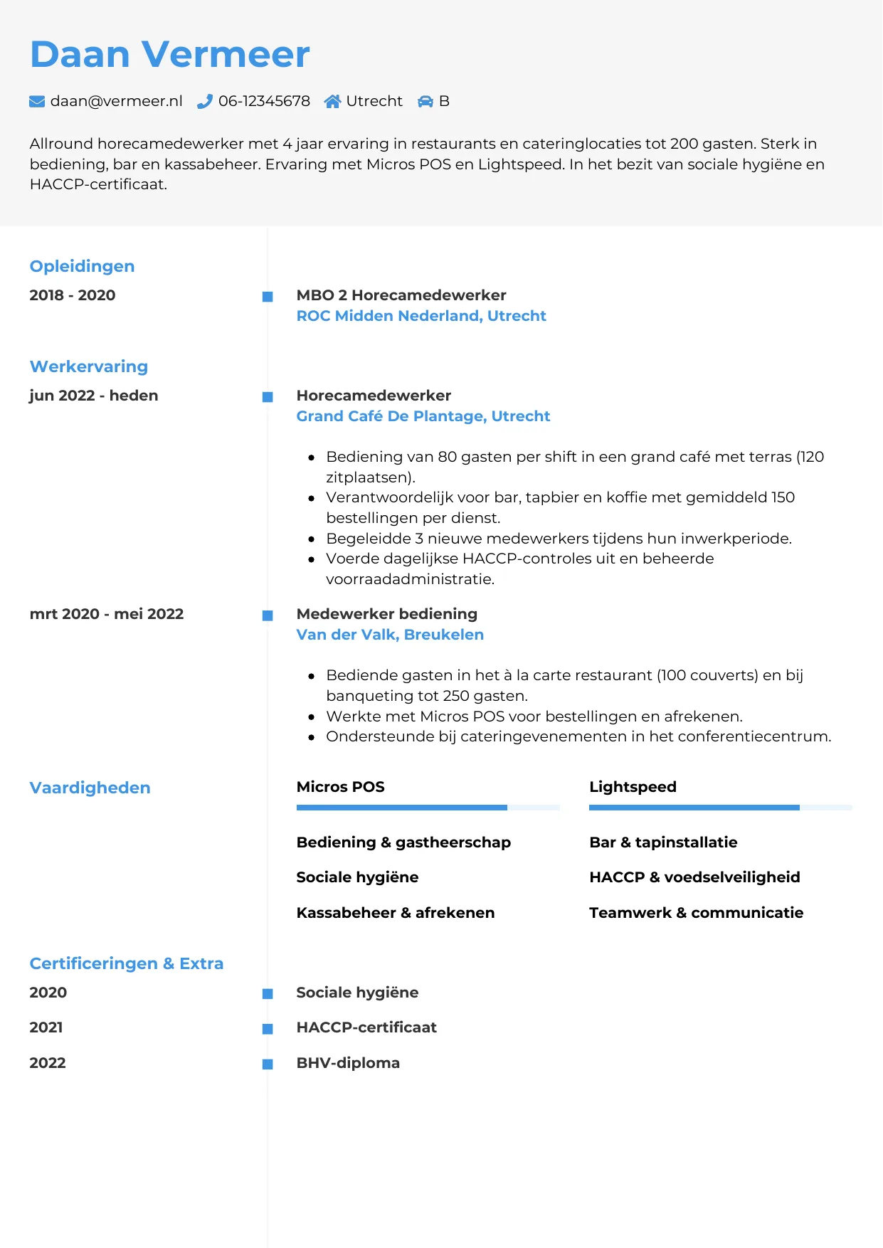 Voorbeeld CV voor horecamedewerker in template Chrono. CV Chrono voor horecamedewerker
