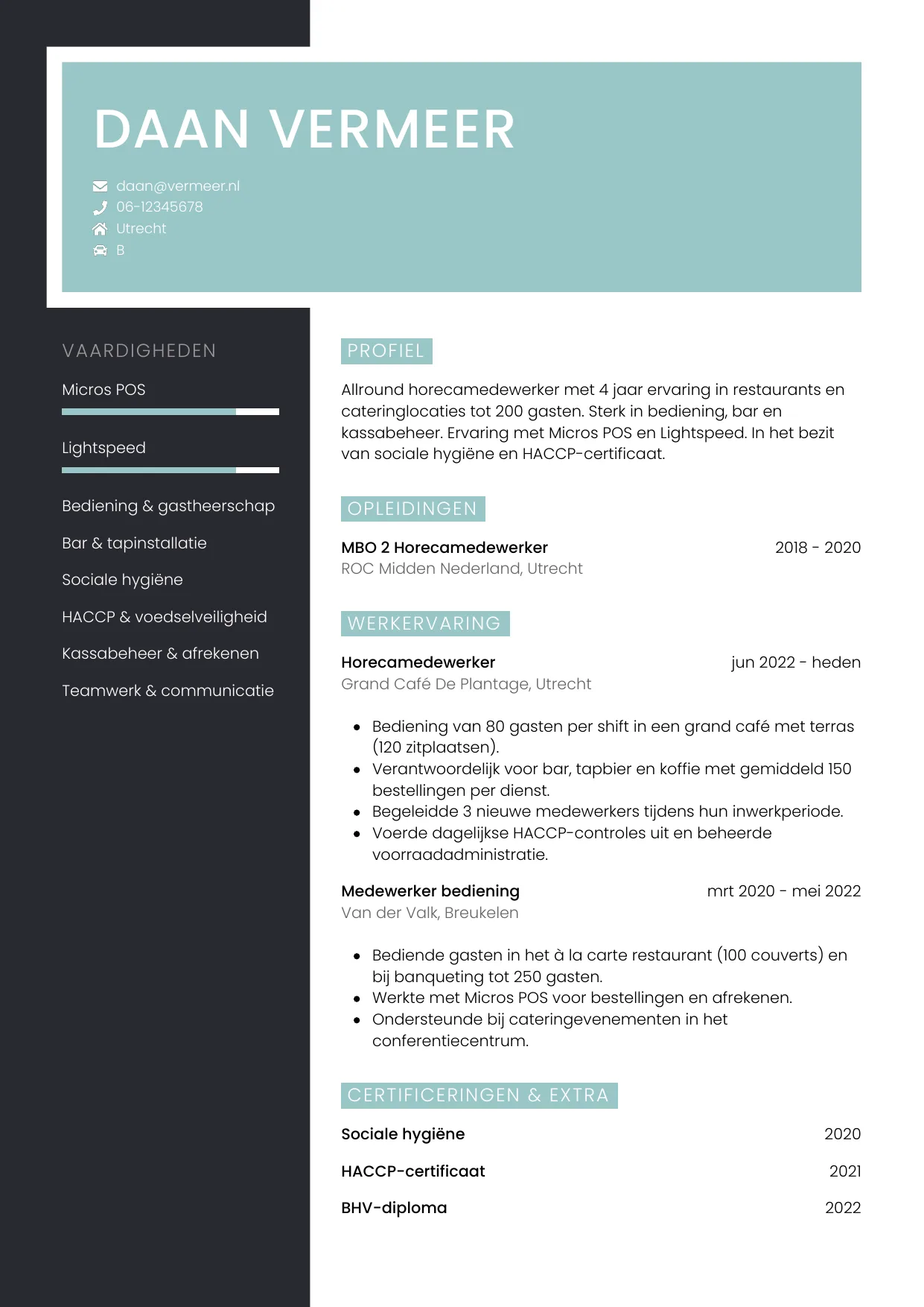 Voorbeeld CV voor horecamedewerker in template Elegant. CV Elegant voor horecamedewerker
