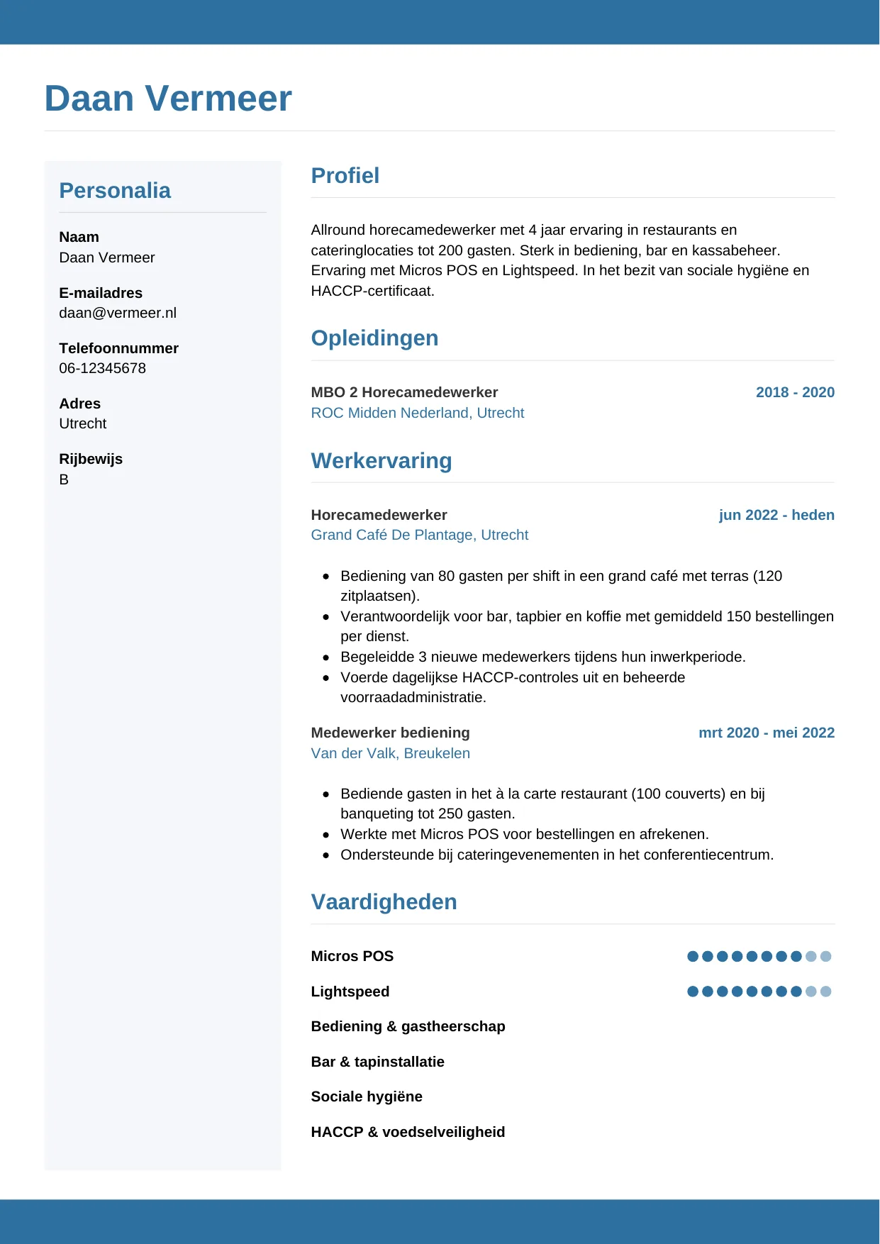 Voorbeeld CV voor horecamedewerker in template Horizontaal. CV Horizontaal voor horecamedewerker