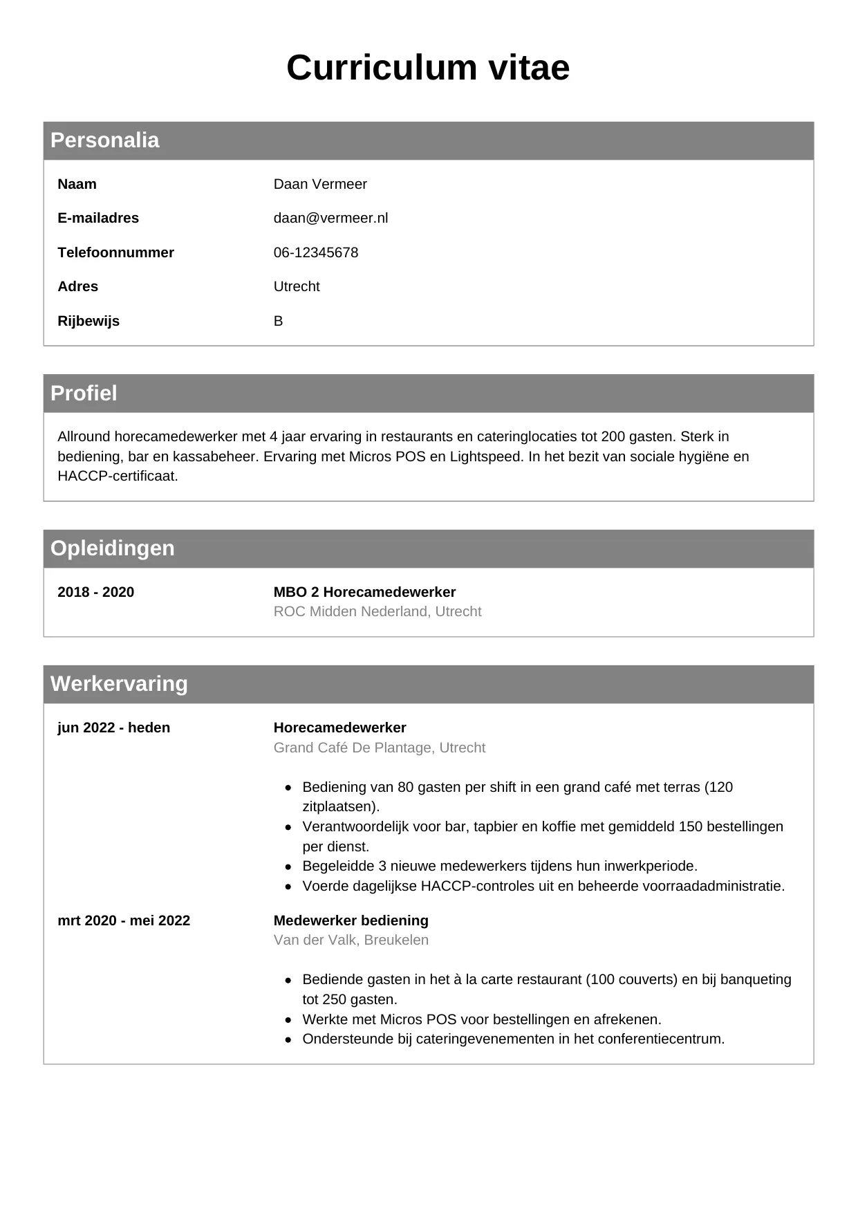 Voorbeeld CV voor horecamedewerker in template Klassiek. CV Klassiek voor horecamedewerker
