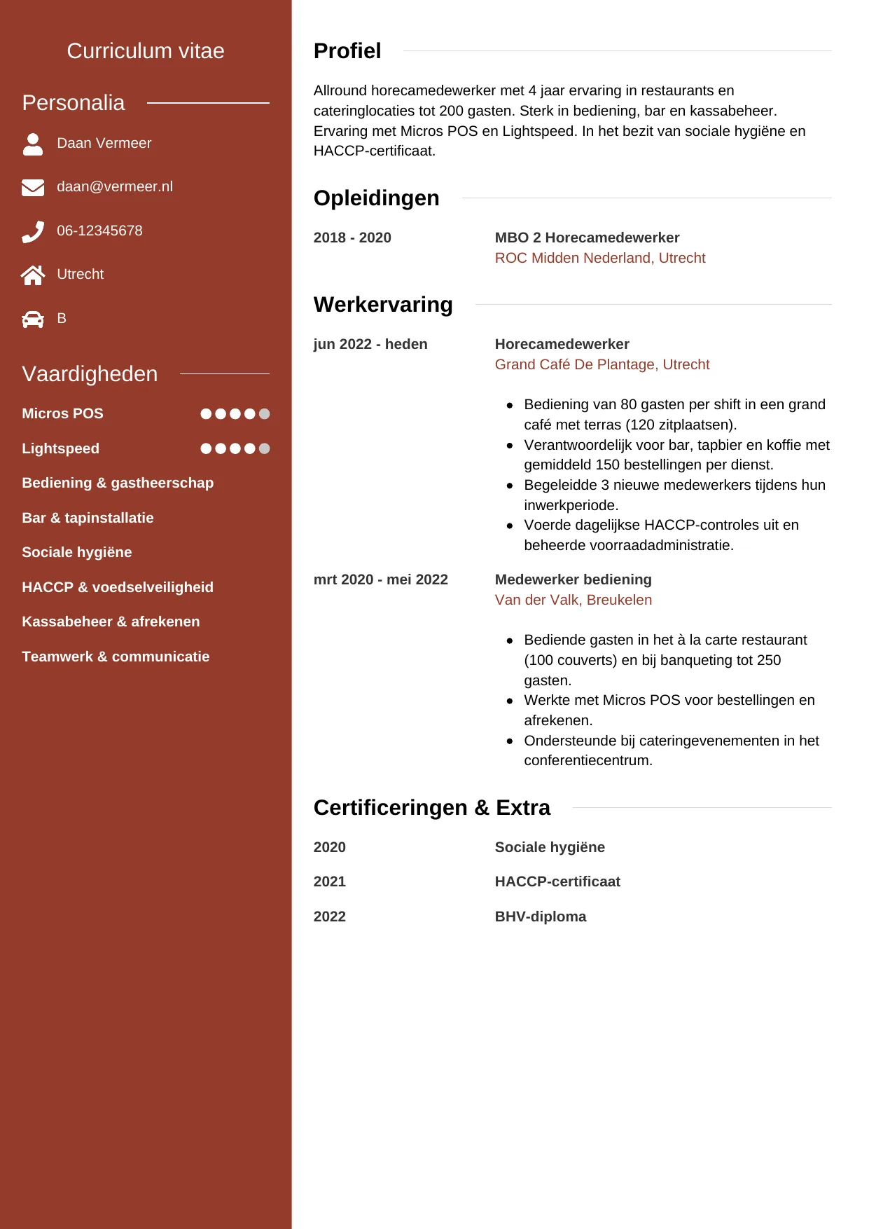 Voorbeeld CV voor horecamedewerker in template Modern. CV Modern voor horecamedewerker