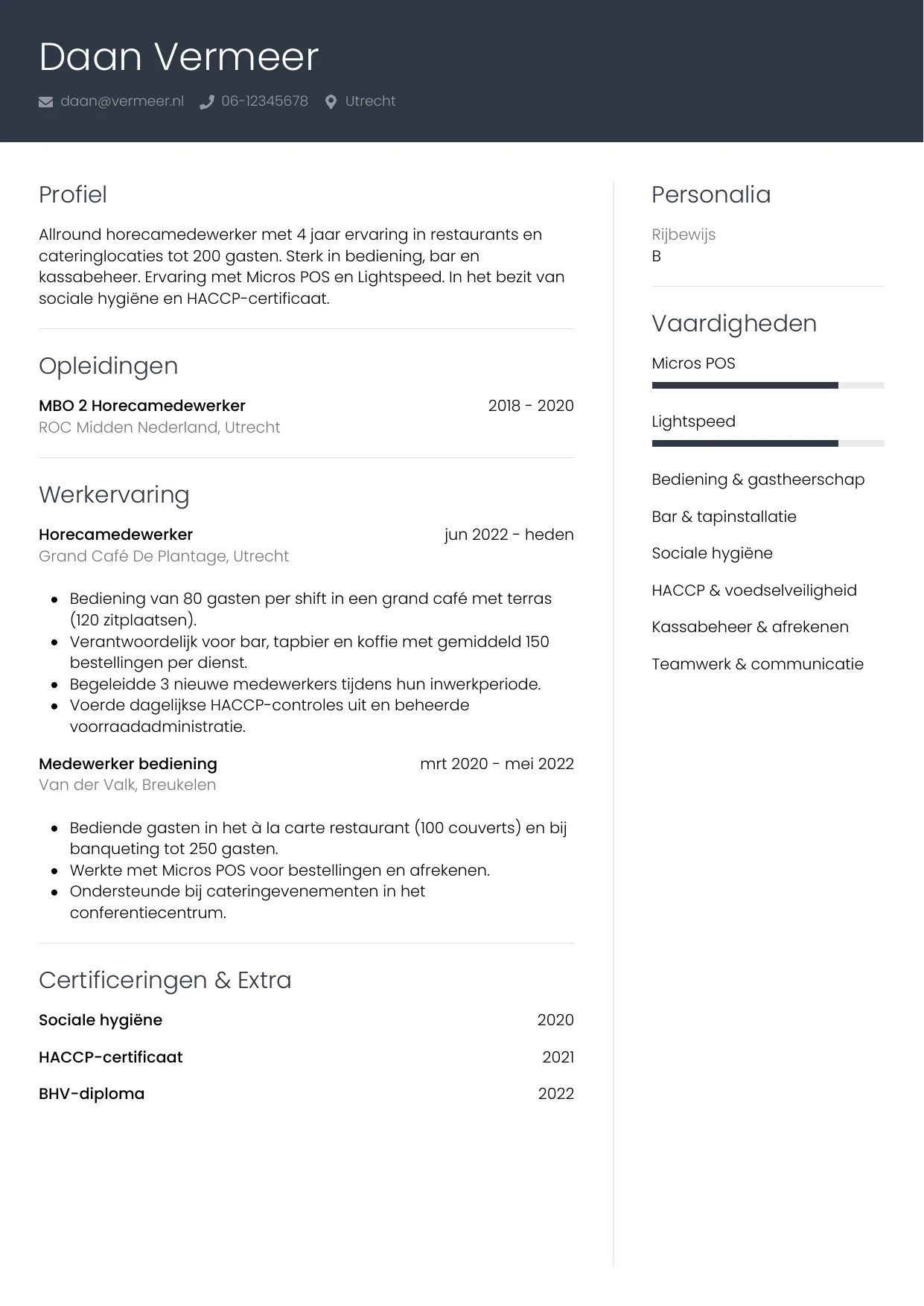 Voorbeeld CV voor horecamedewerker in template Professioneel. CV Professioneel voor horecamedewerker