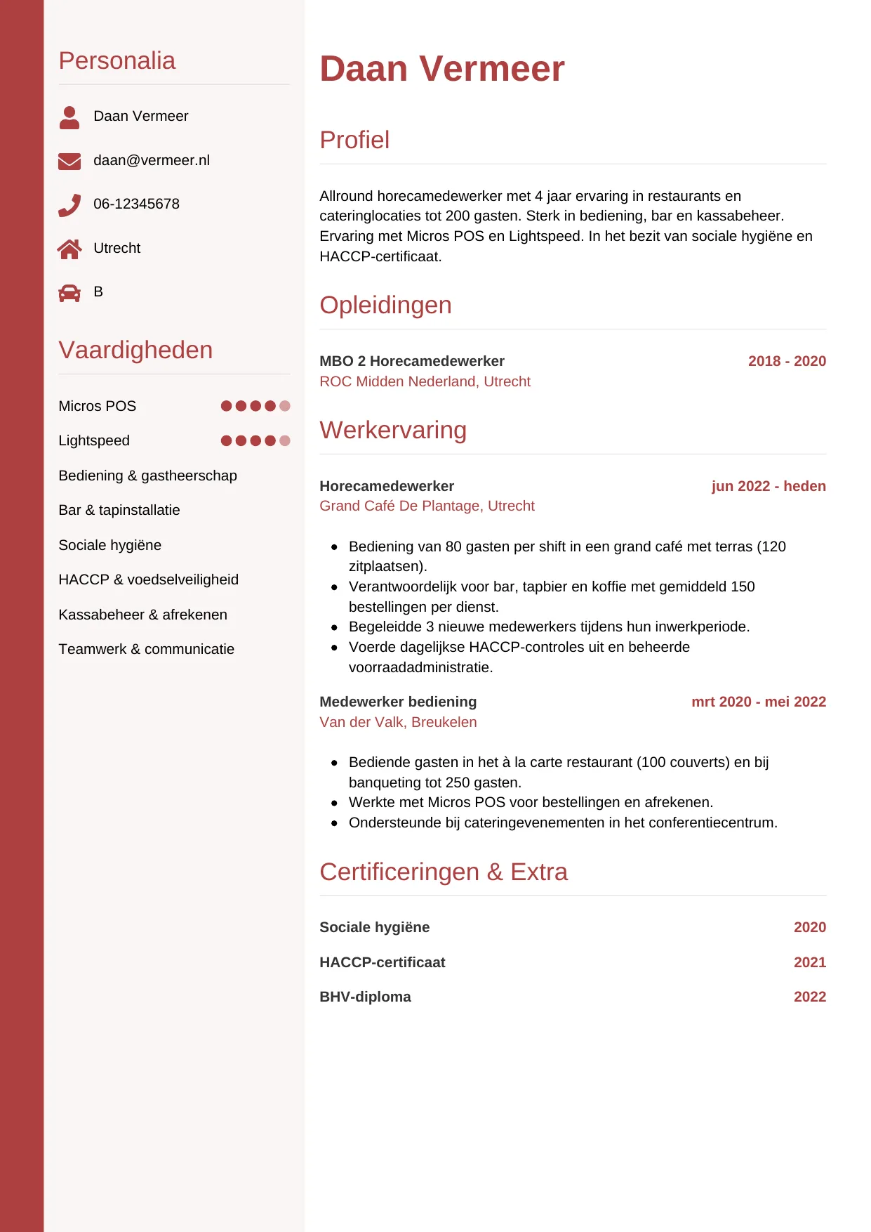 Voorbeeld CV voor horecamedewerker in template Verticaal. CV Verticaal voor horecamedewerker
