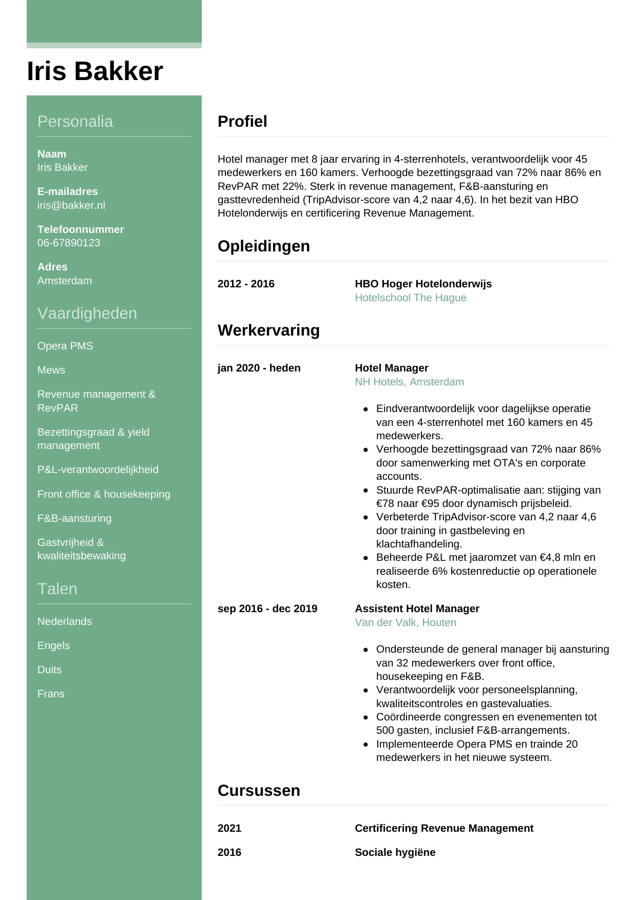 CV Casual voor hotel manager