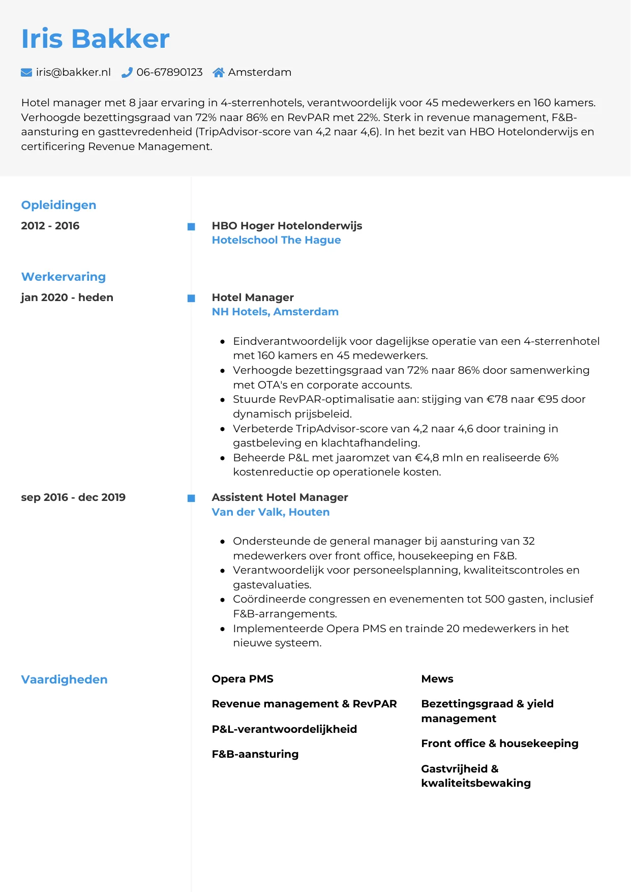 CV Chrono voor hotel manager