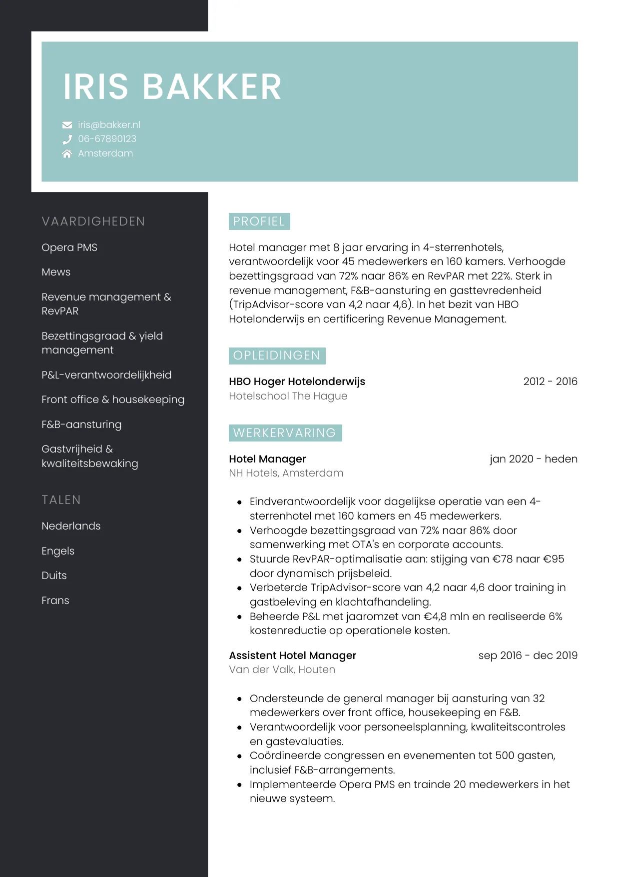 CV Elegant voor hotel manager