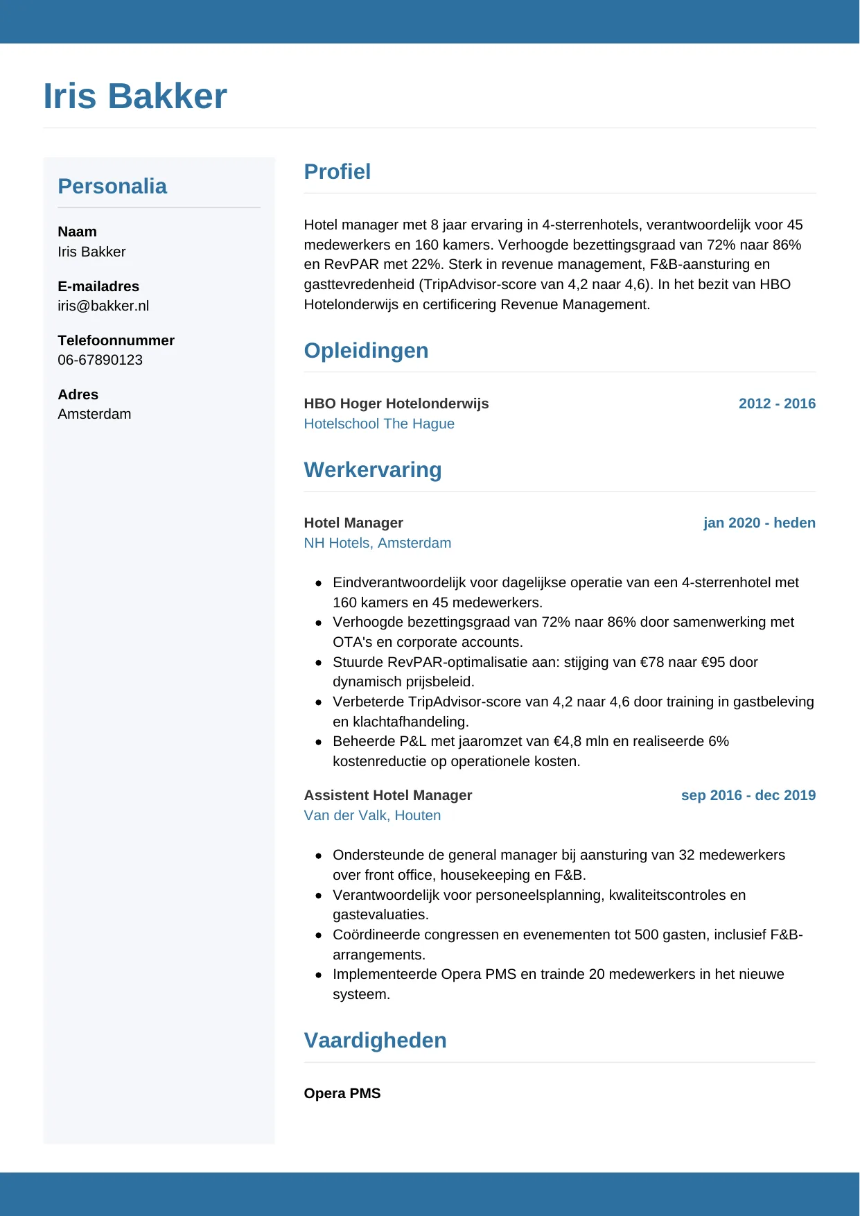 CV Horizontaal voor hotel manager