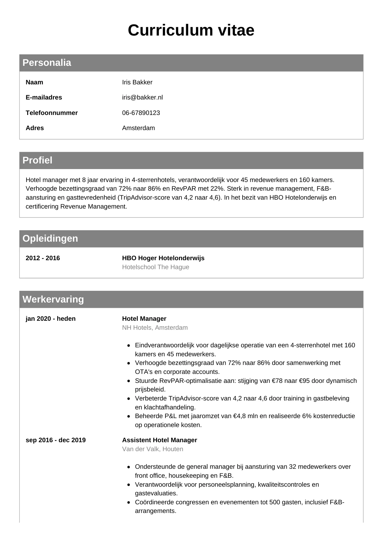 CV Klassiek voor hotel manager