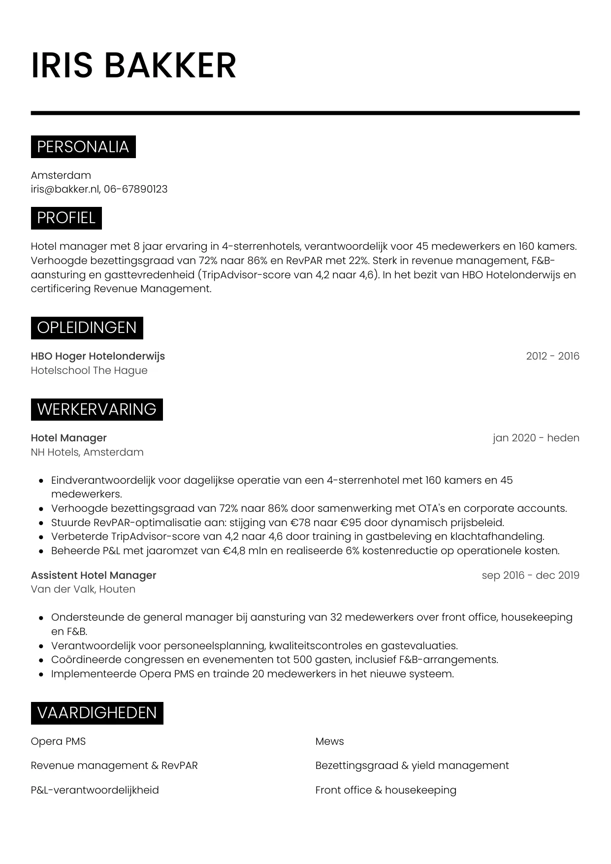 CV Metro voor hotel manager