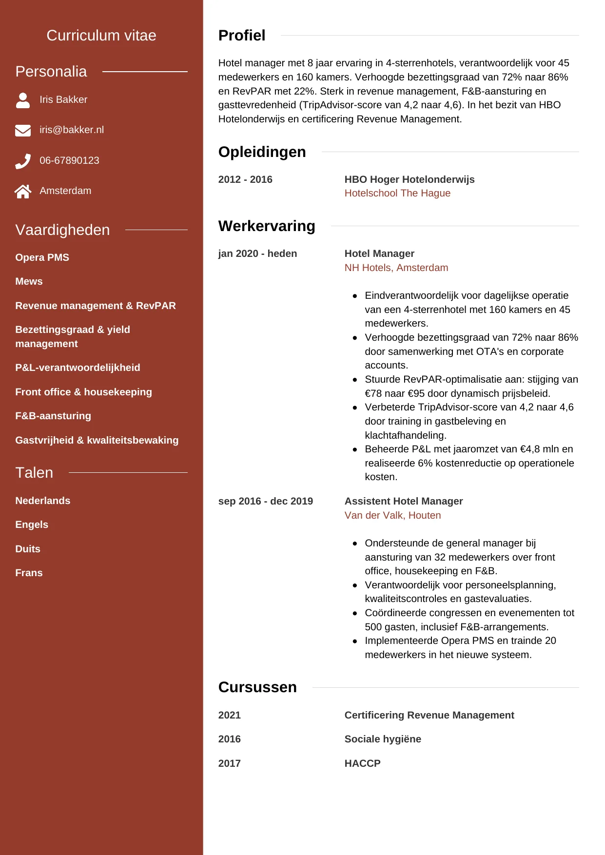 CV Modern voor hotel manager