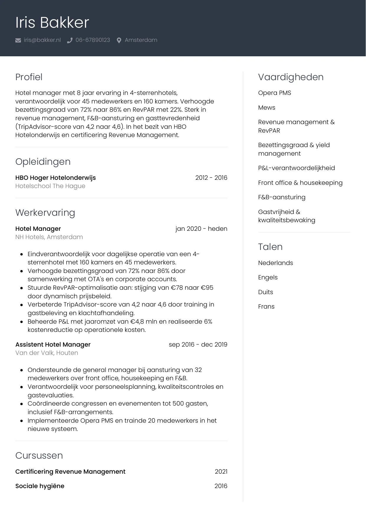 CV Professioneel voor hotel manager