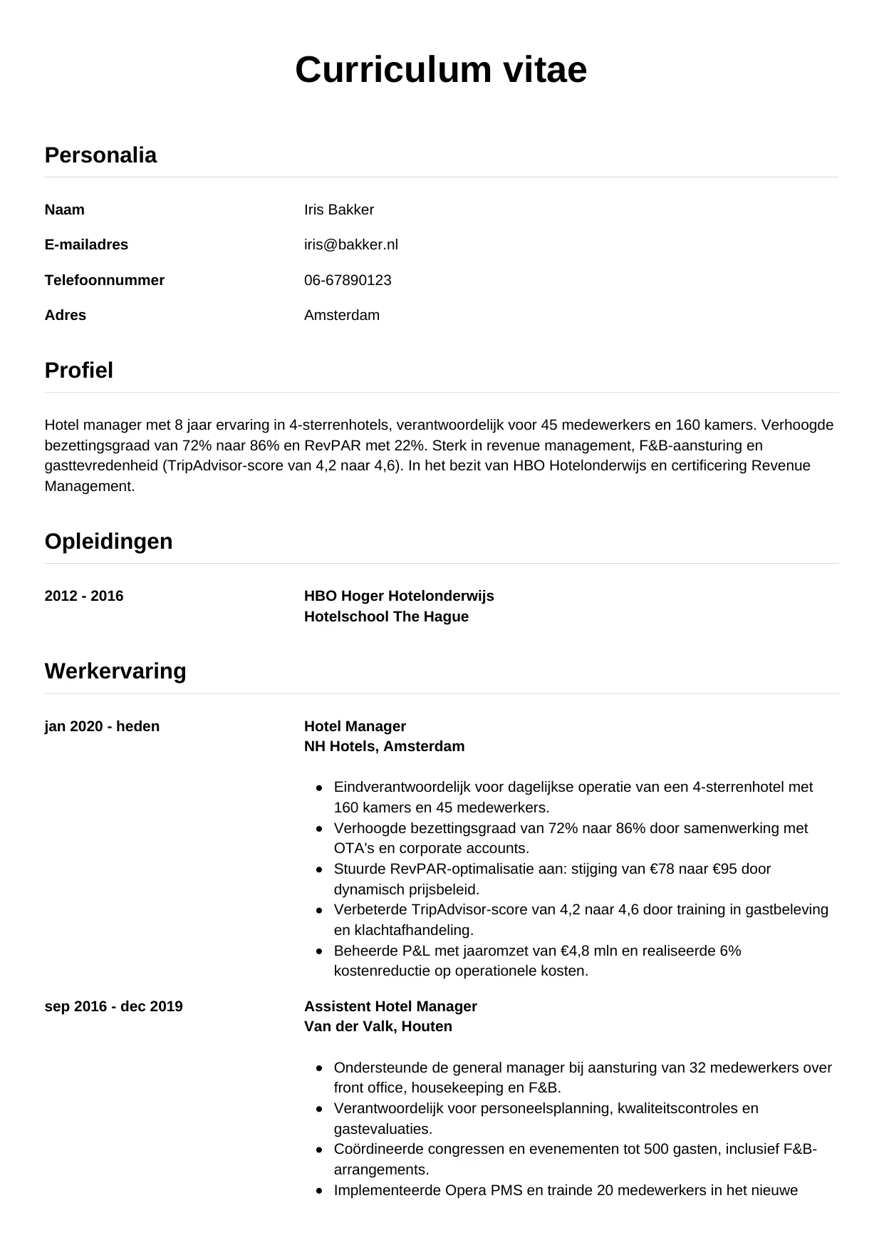 CV Simpel voor hotel manager