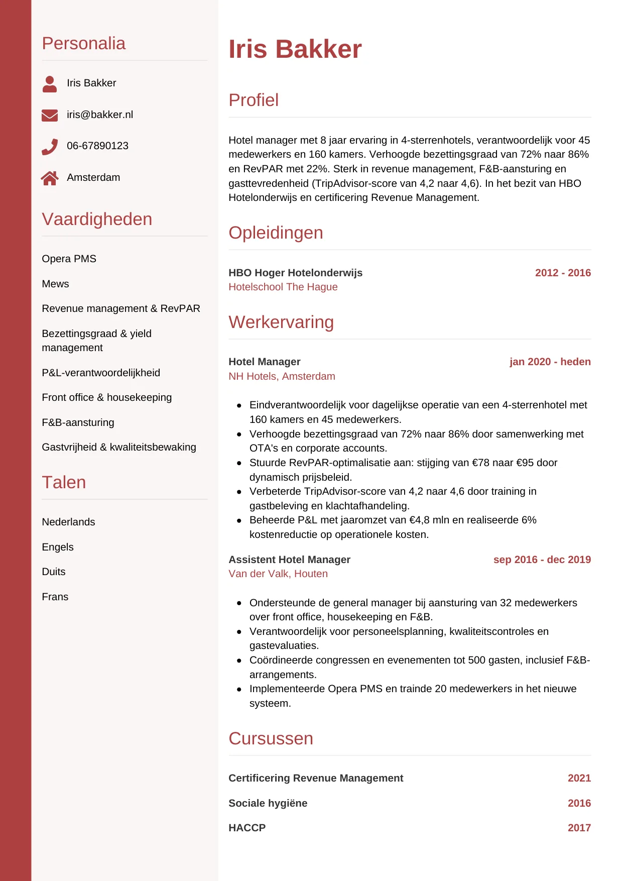 CV Verticaal voor hotel manager