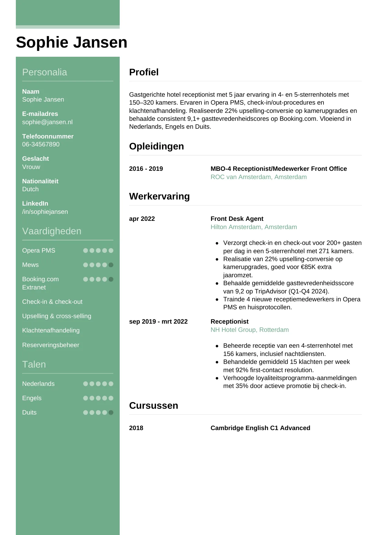 CV Casual voor hotel receptionist