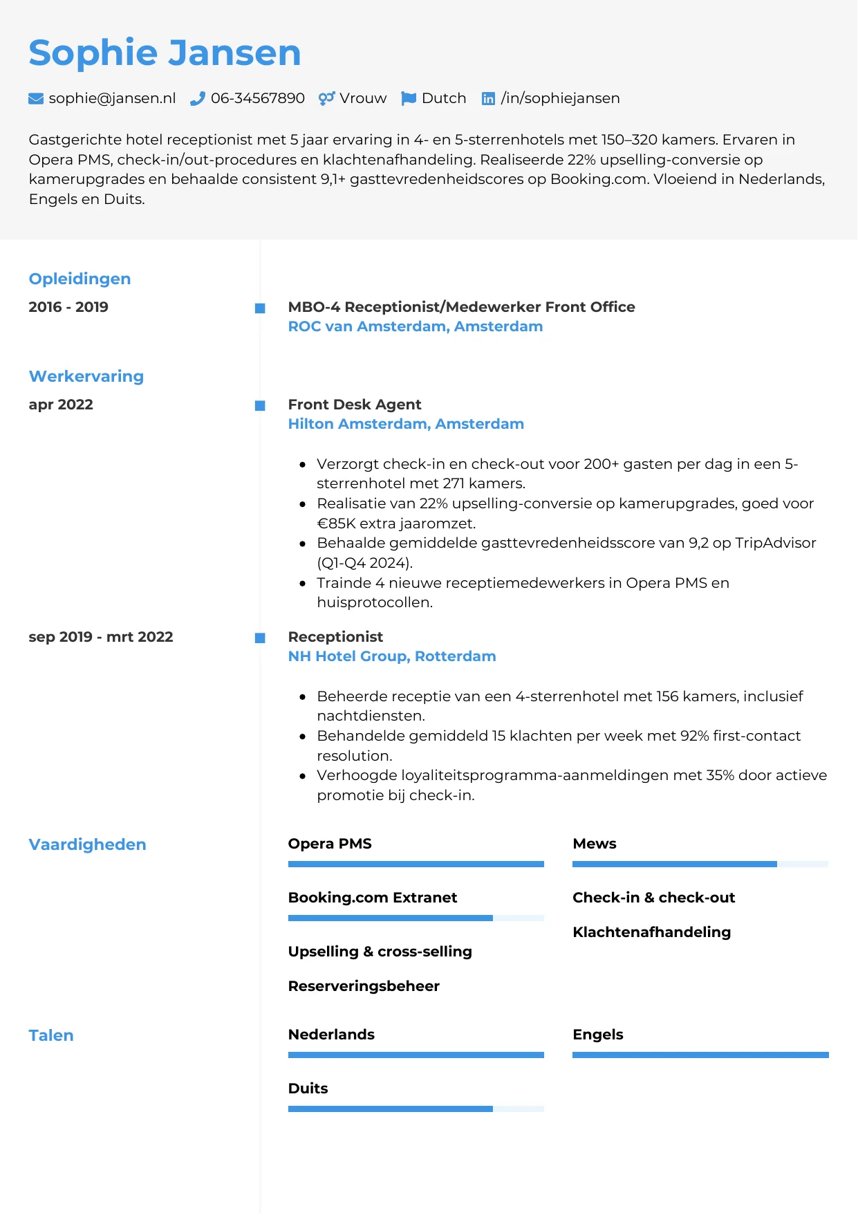 CV Chrono voor hotel receptionist