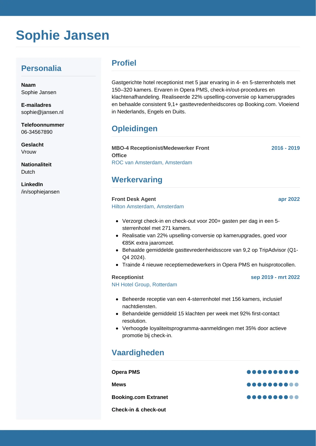 CV Horizontaal voor hotel receptionist