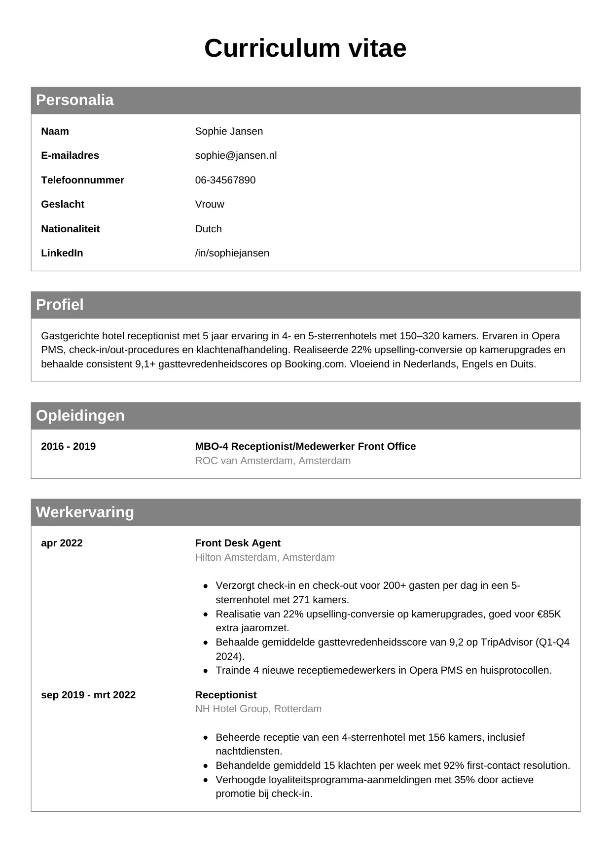 CV Klassiek voor hotel receptionist
