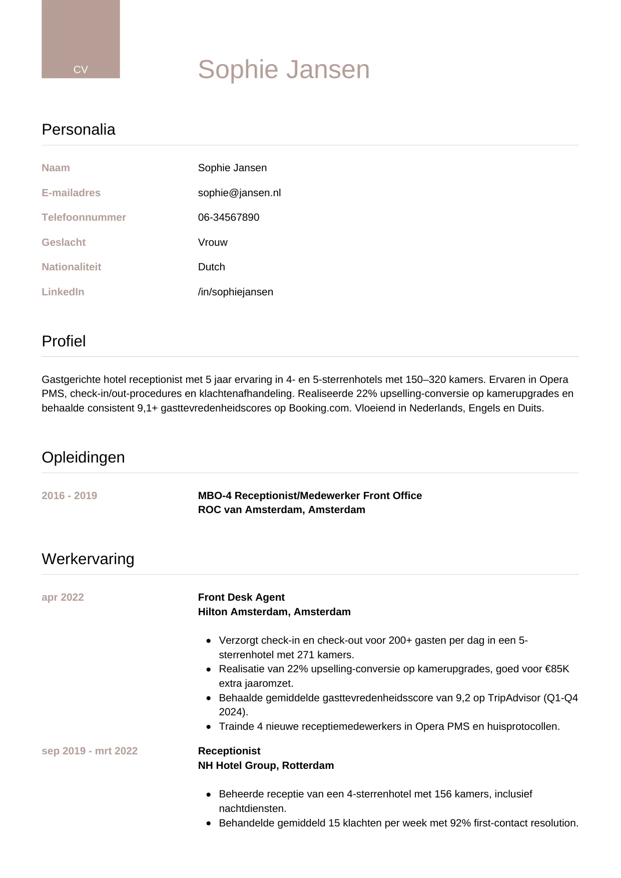 CV Luxe voor hotel receptionist