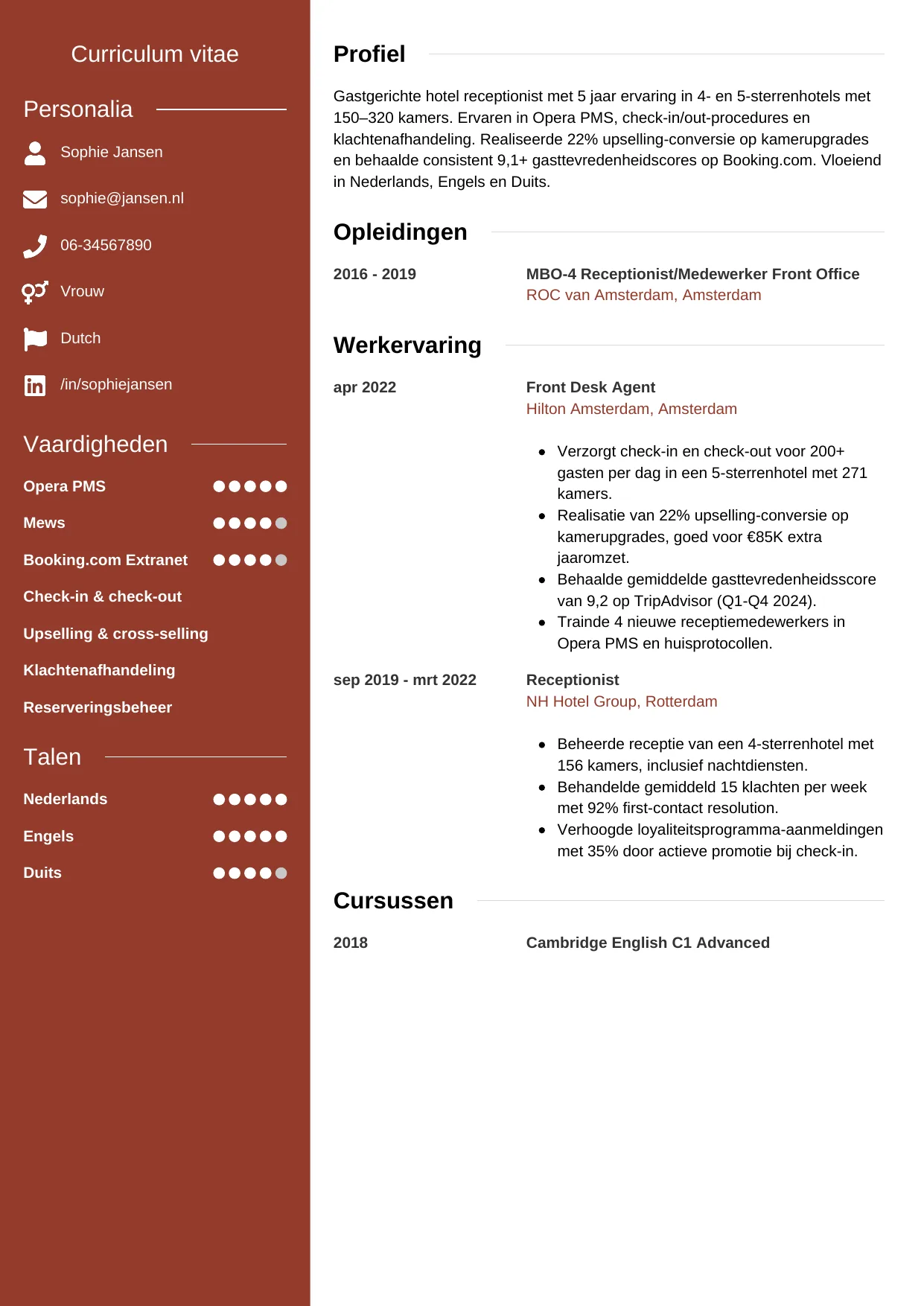 CV Modern voor hotel receptionist