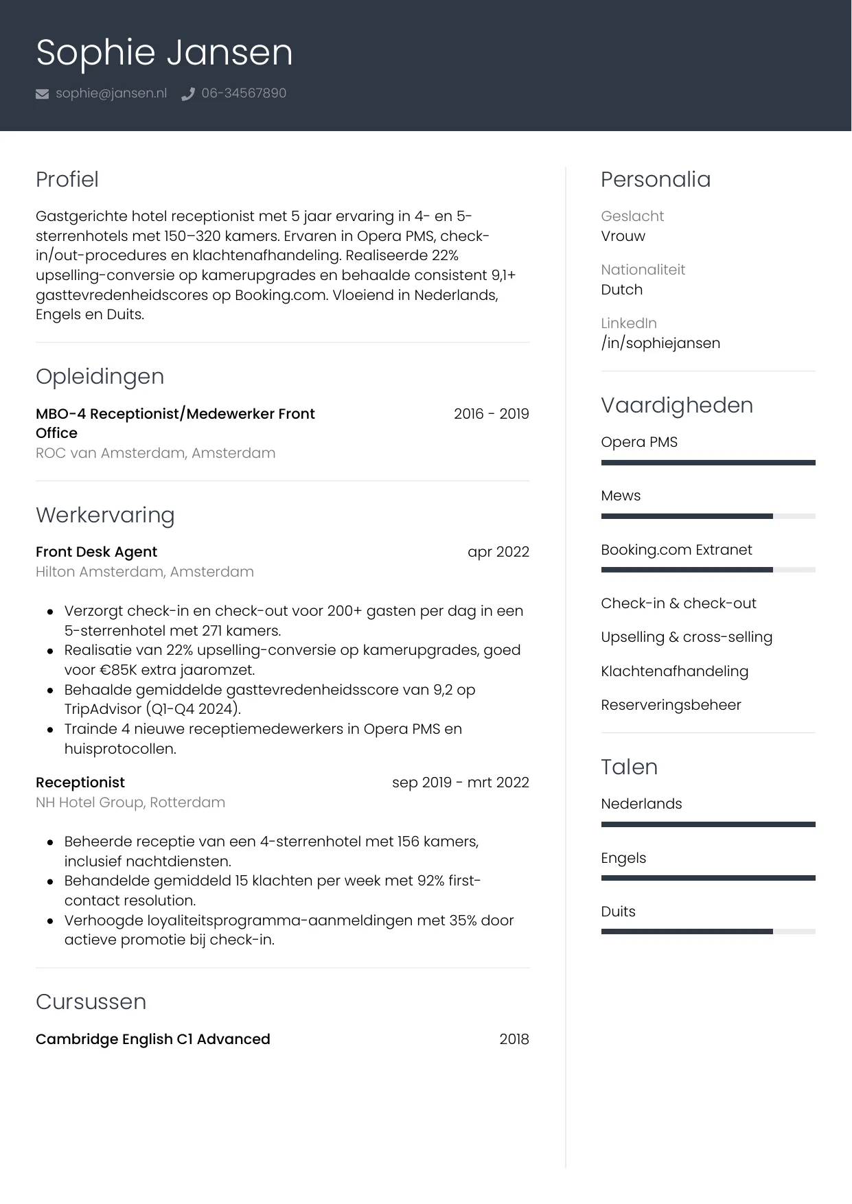 CV Professioneel voor hotel receptionist