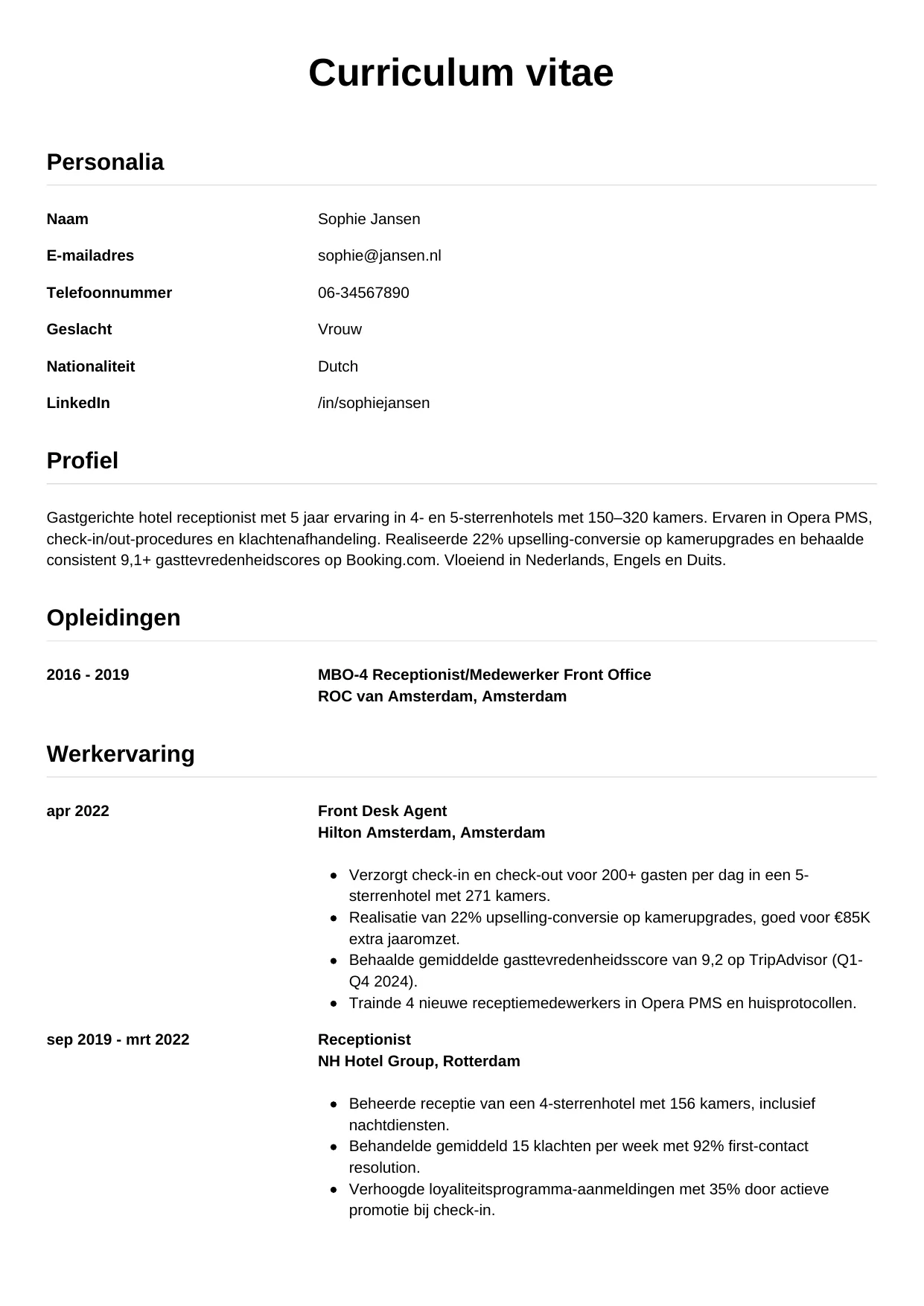 CV Simpel voor hotel receptionist
