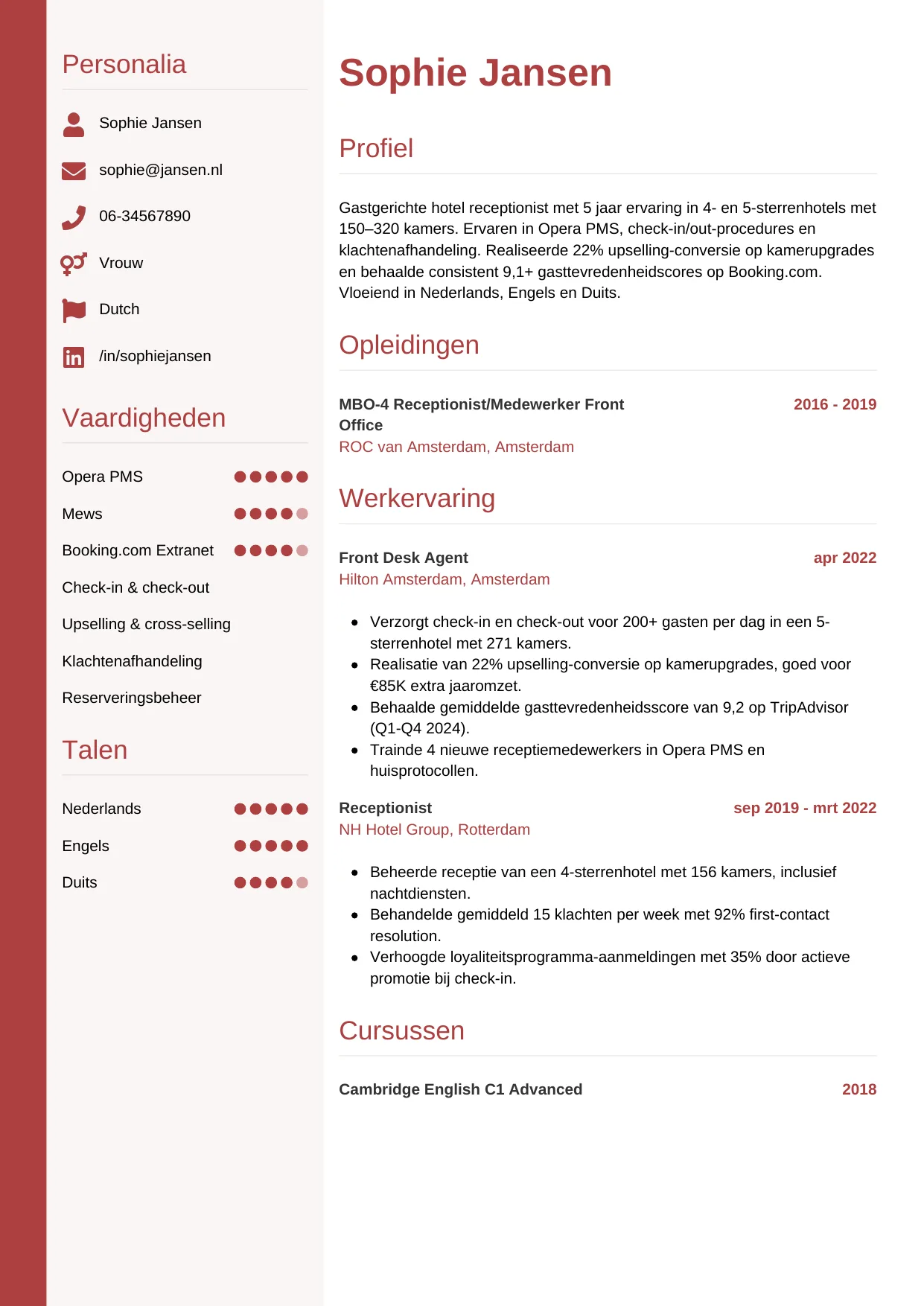 CV Verticaal voor hotel receptionist