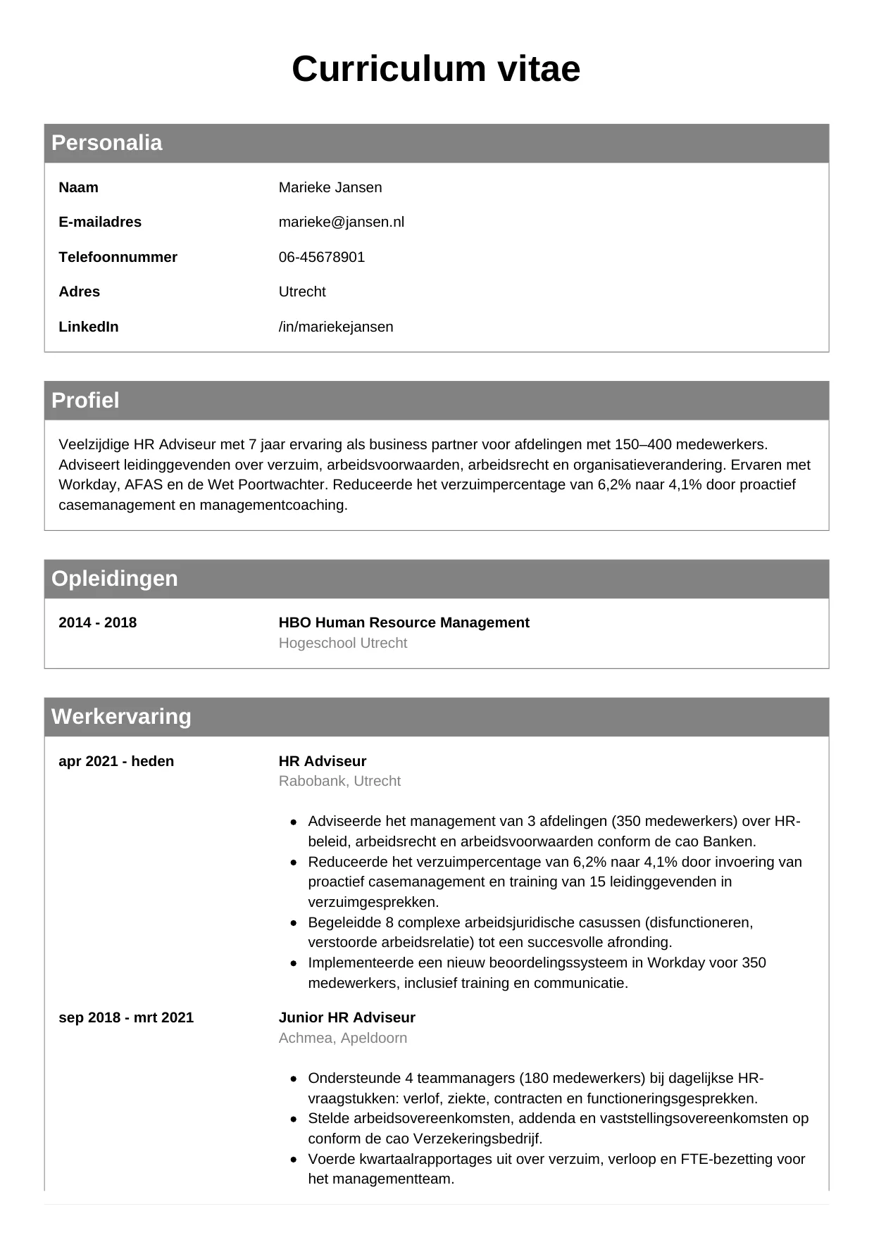 CV Klassiek voor hr adviseur