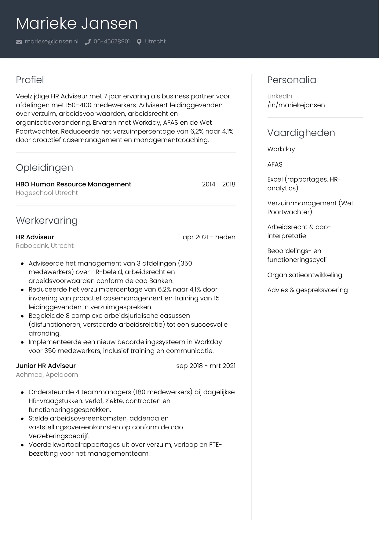 CV Professioneel voor hr adviseur