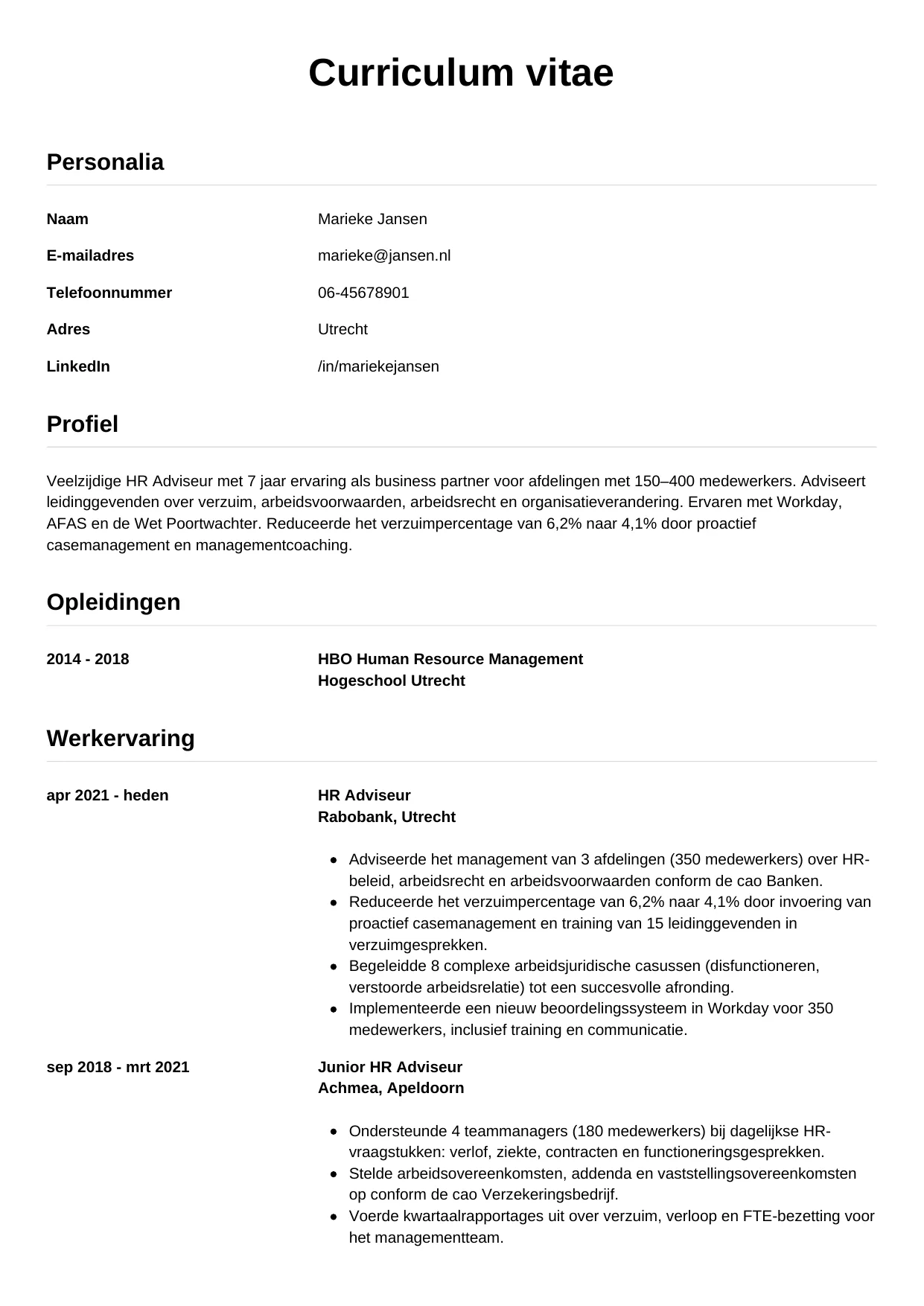 CV Simpel voor hr adviseur