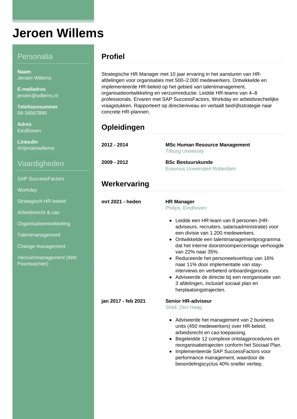 Voorbeeld CV voor hr manager in template Casual. CV Casual voor hr manager