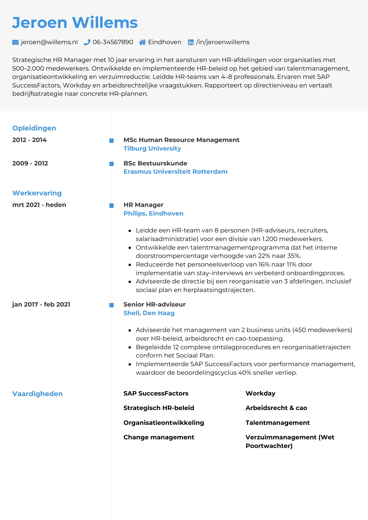 Voorbeeld CV voor hr manager in template Chrono. CV Chrono voor hr manager