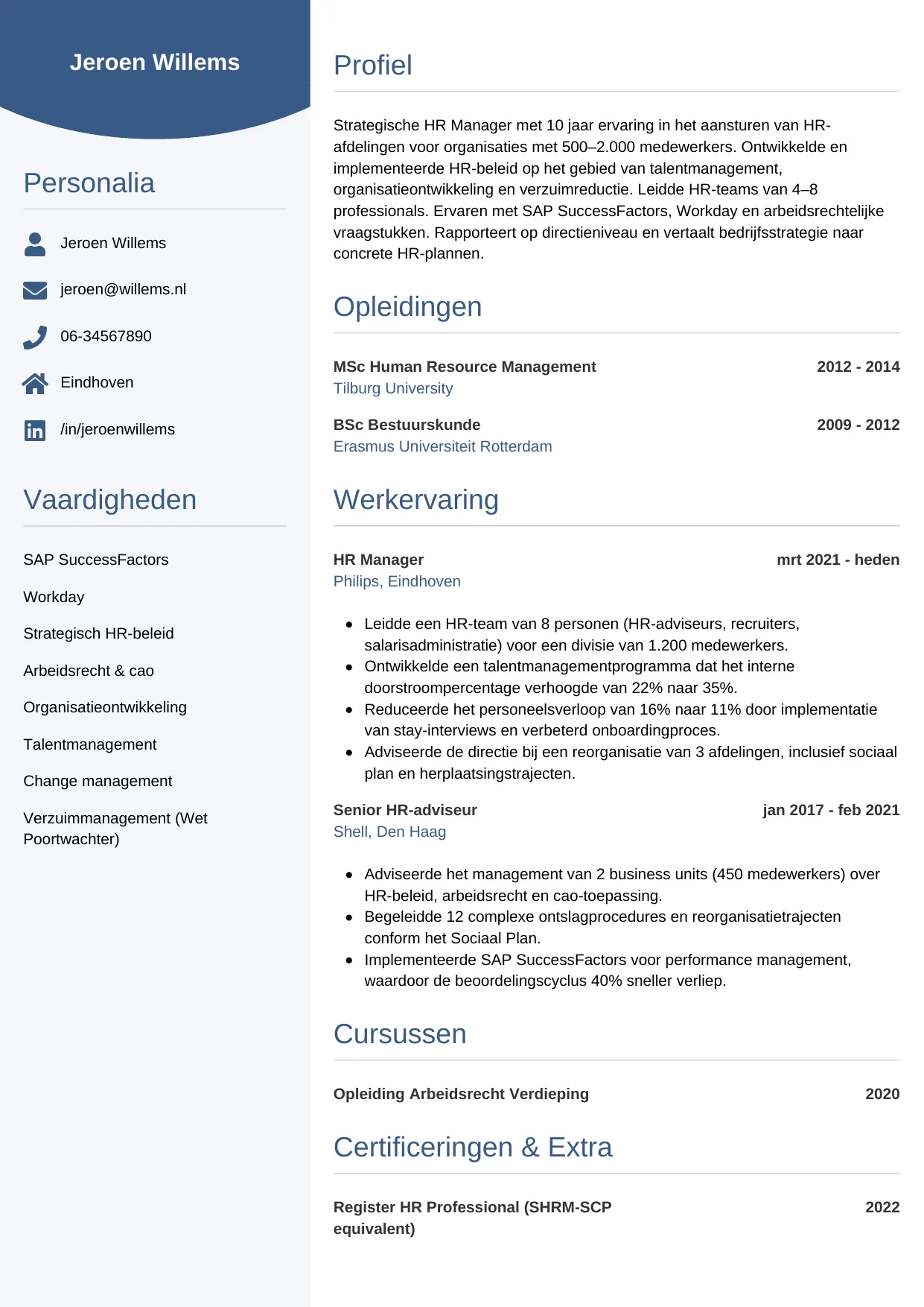 Voorbeeld CV voor hr manager in template Circulair. CV Circulair voor hr manager