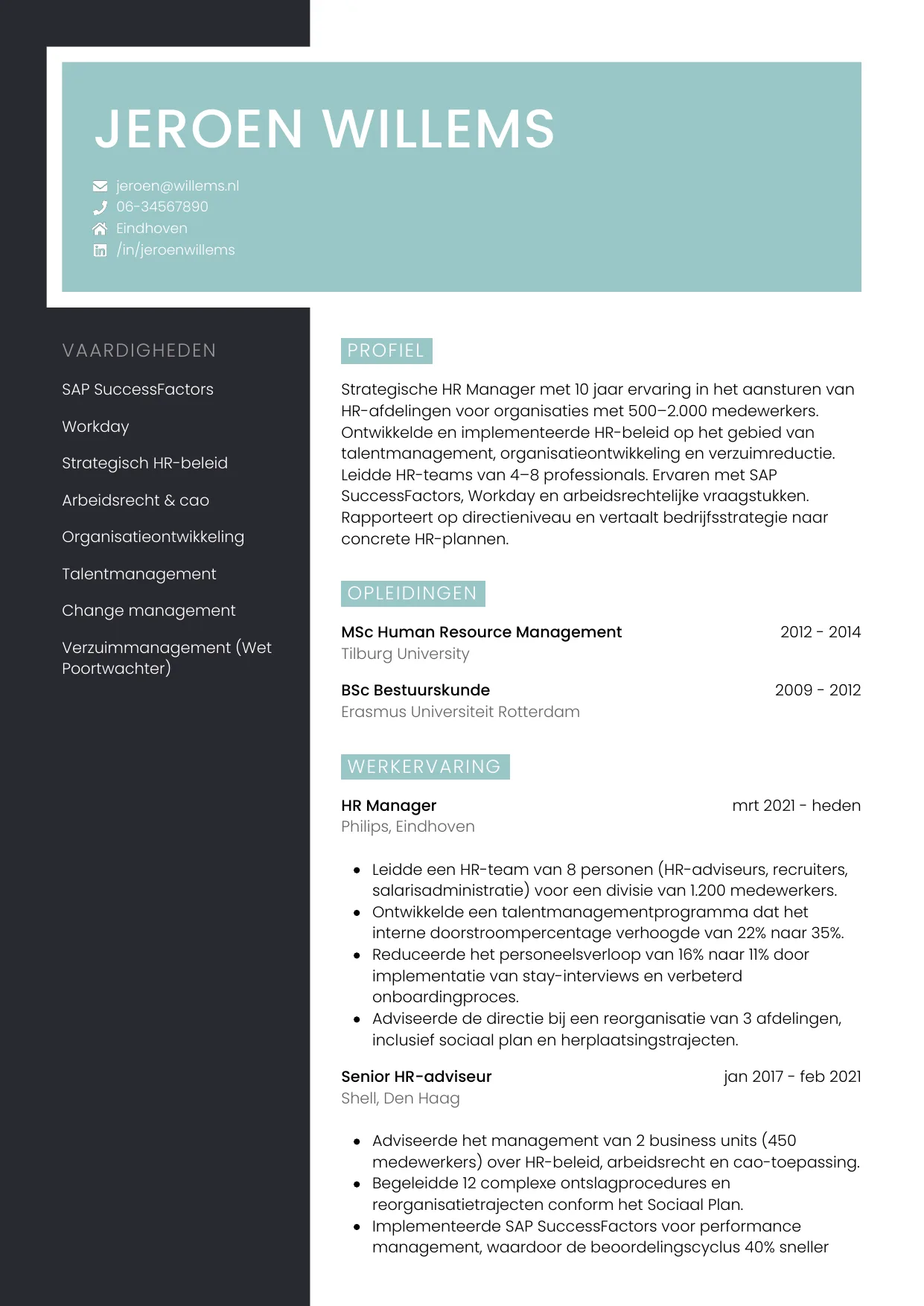 Voorbeeld CV voor hr manager in template Elegant. CV Elegant voor hr manager