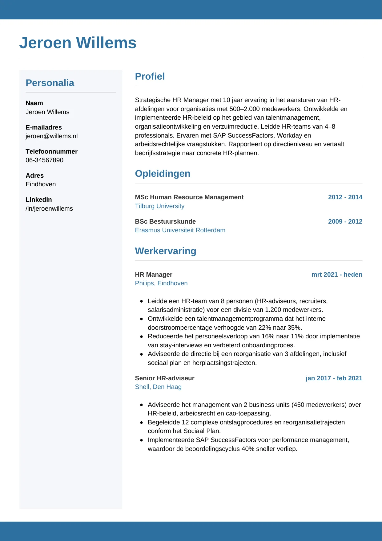 Voorbeeld CV voor hr manager in template Horizontaal. CV Horizontaal voor hr manager