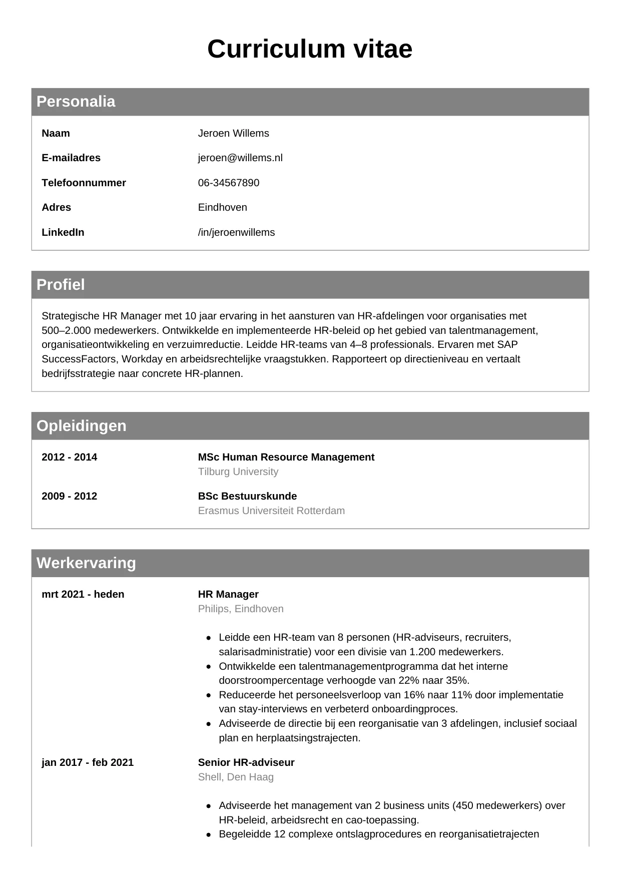 Voorbeeld CV voor hr manager in template Klassiek. CV Klassiek voor hr manager