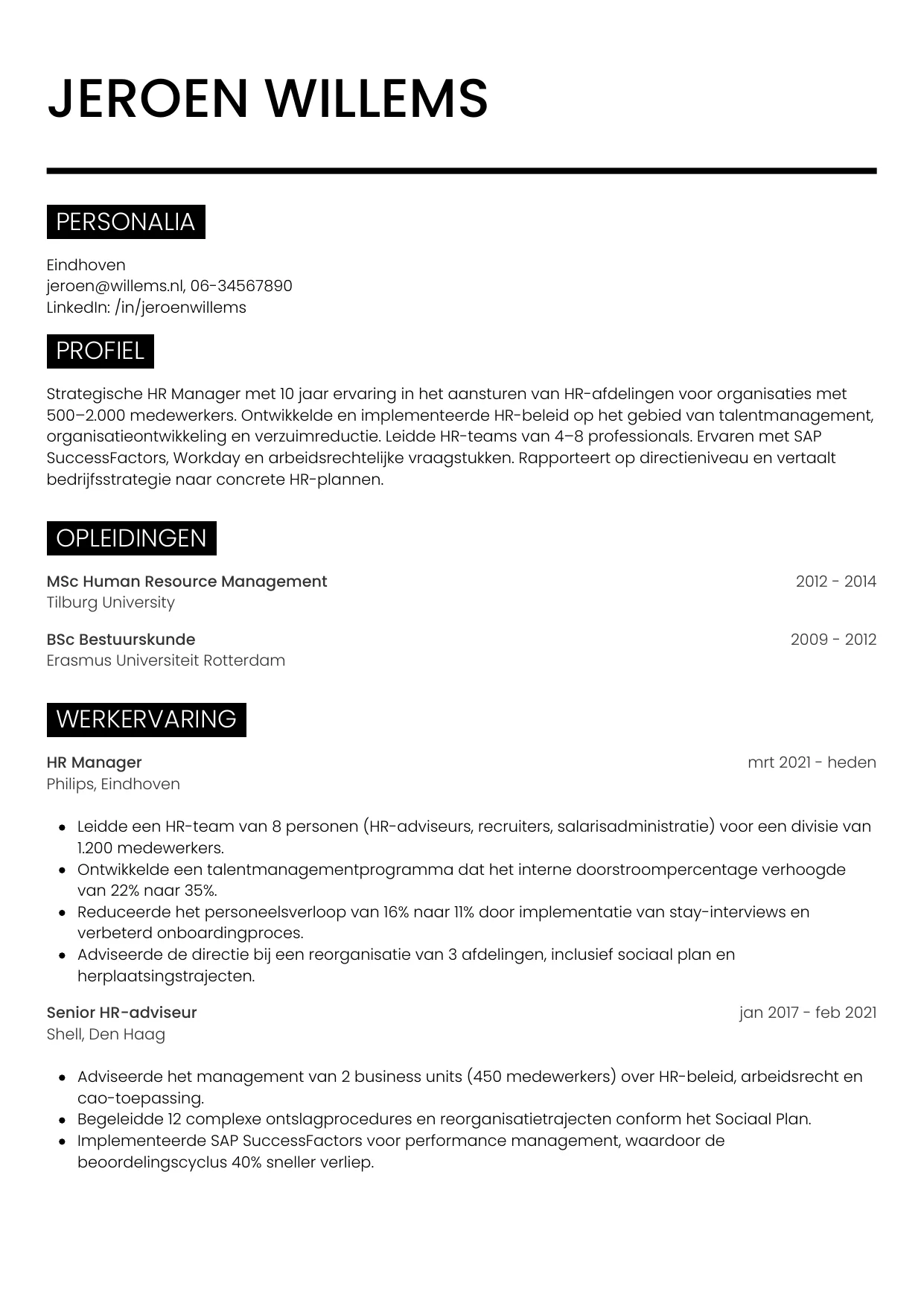 Voorbeeld CV voor hr manager in template Metro. CV Metro voor hr manager